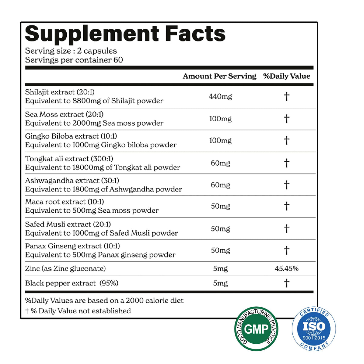 Shilajit Maca Root Ginkgo Biloba Sea Moss Ashwagandha Tongkat Ali Panax Ginseng Safed Musli & Zinc 20 Capsules Supplement E4666
