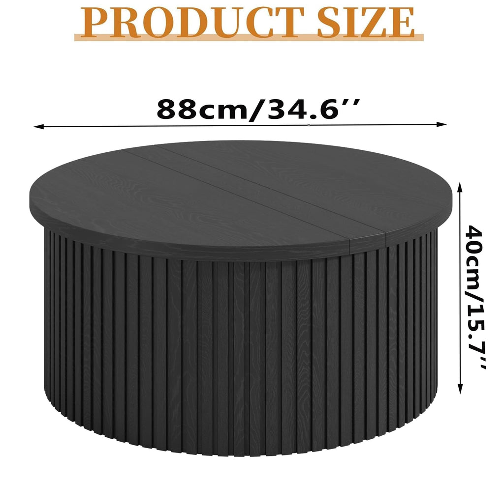 34.6" Fluted Round Lift Top Coffee Table with Hidden Storage, Black O226018