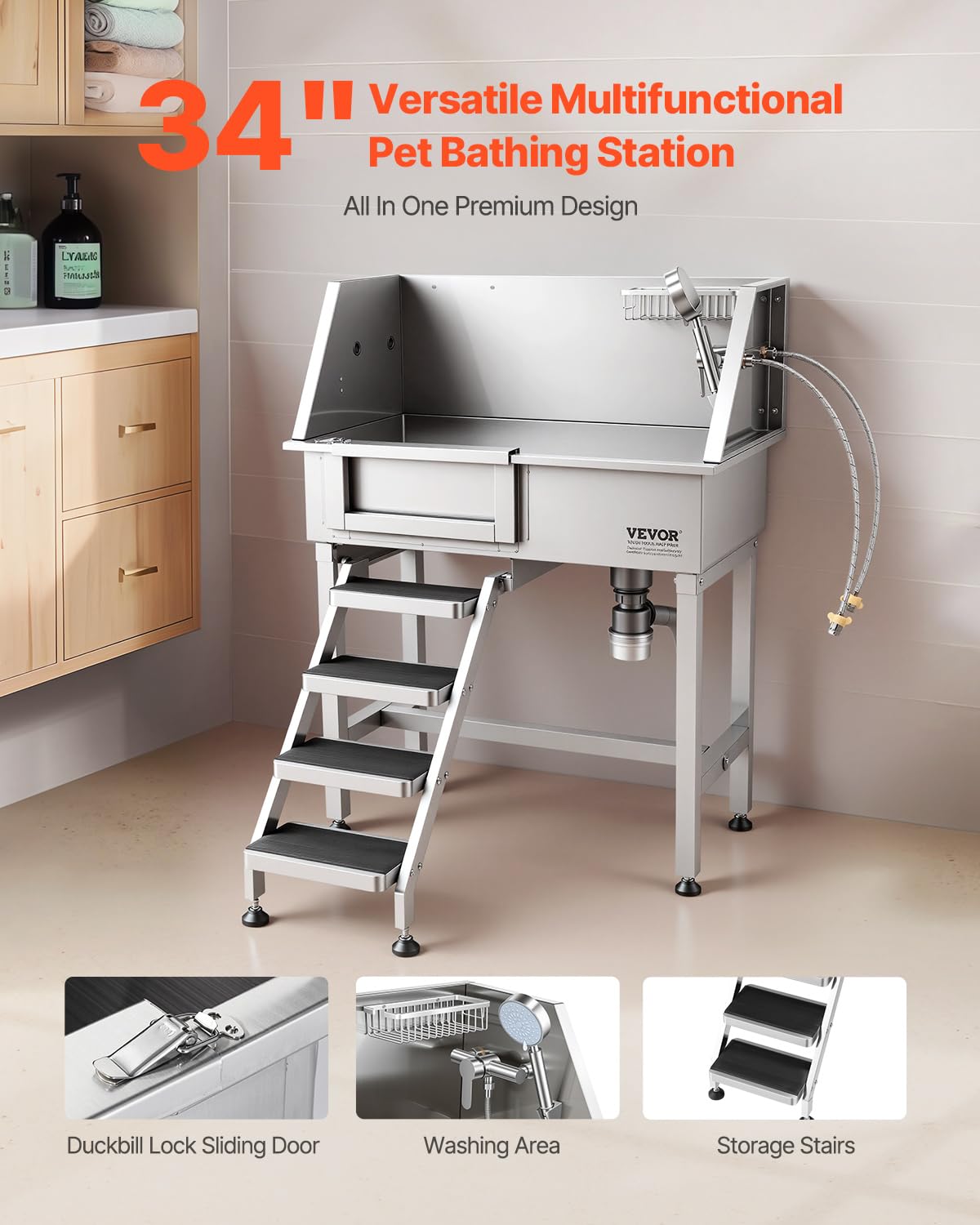 34" Stainless Steel Dog Washing Station with Shower Faucet Y3991