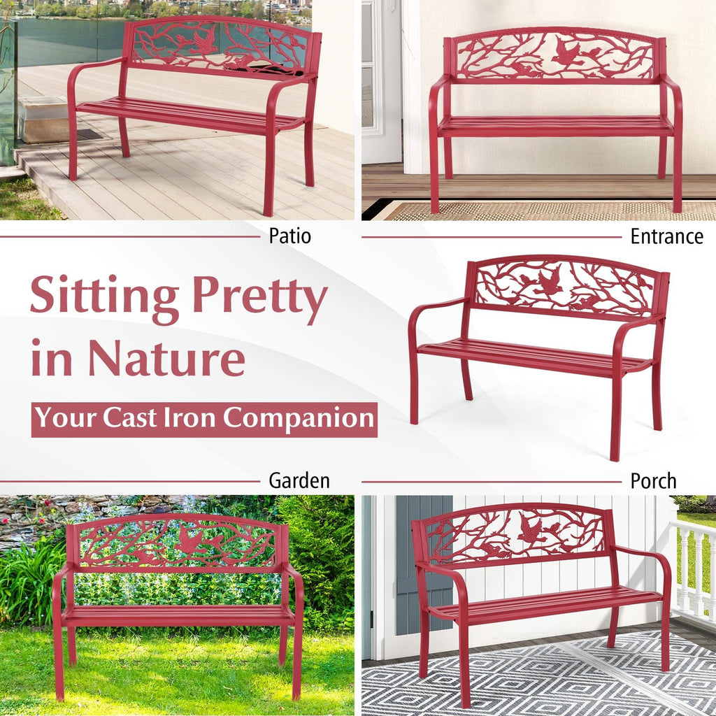 Metal Outdoor Garden Bench with Bird & Twig Back Pattern, Seats 2-3 Persons M160