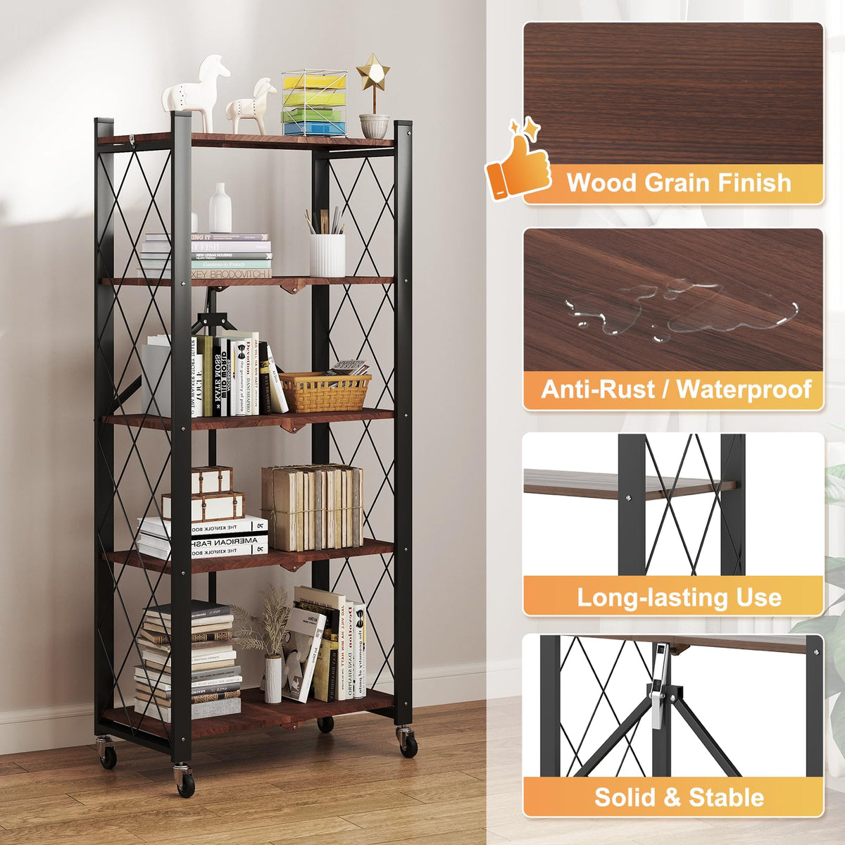5-Tier Folding Storage Shelf with Woodgrain Finish P3052