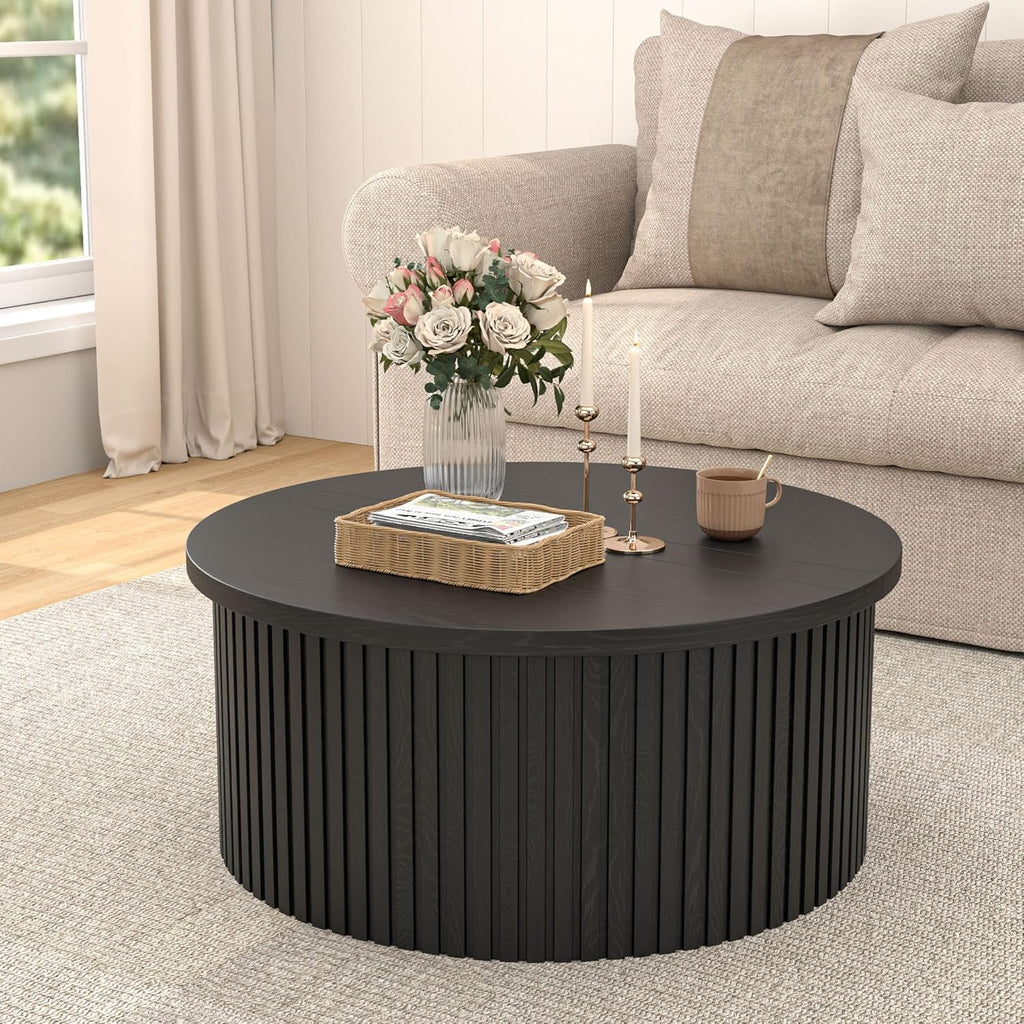 34.6" Fluted Round Lift Top Coffee Table with Hidden Storage, Black O226018