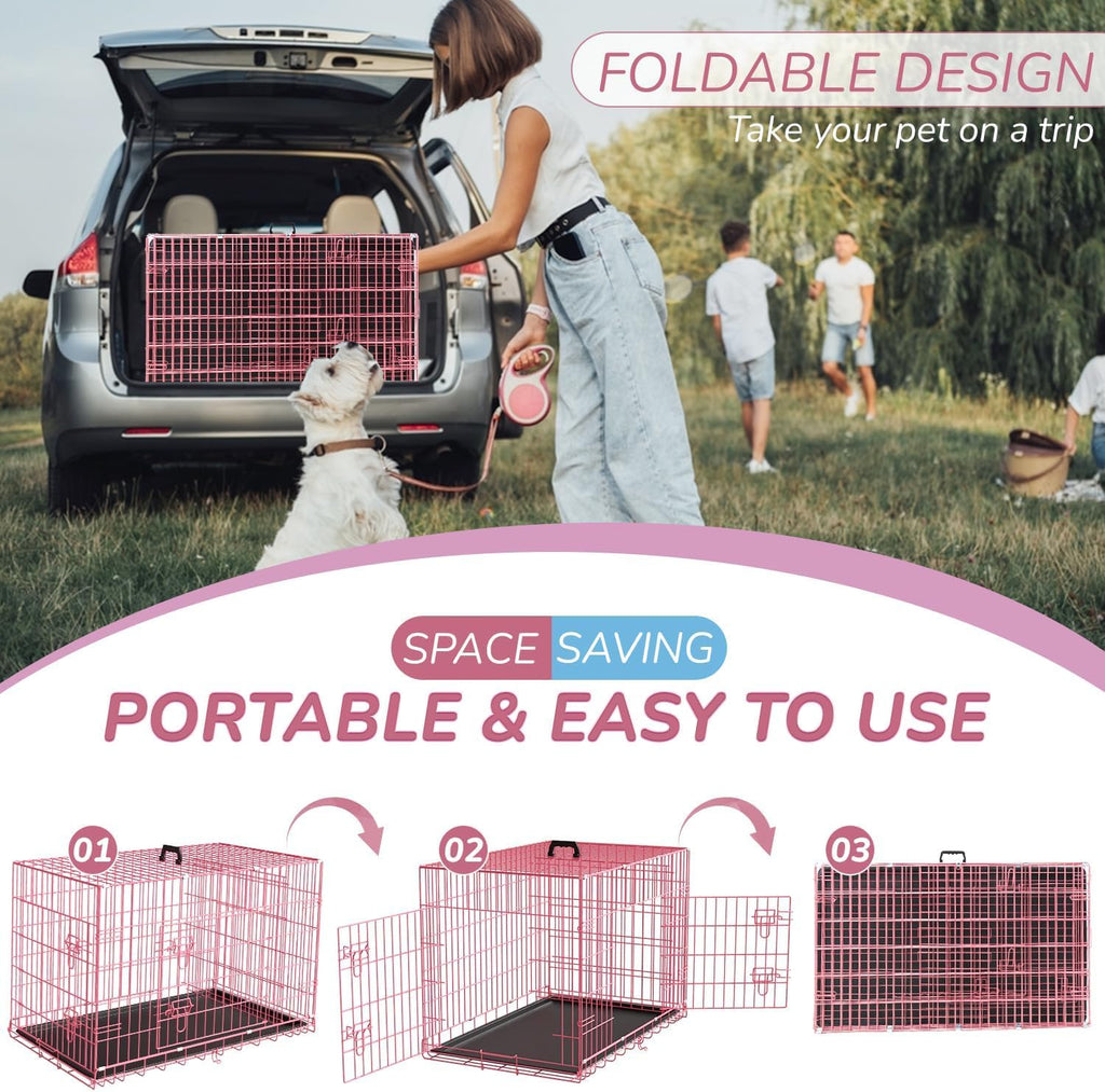 48" Large Double Door Folding Metal Wire Dog Crate with Divider Panel I268881