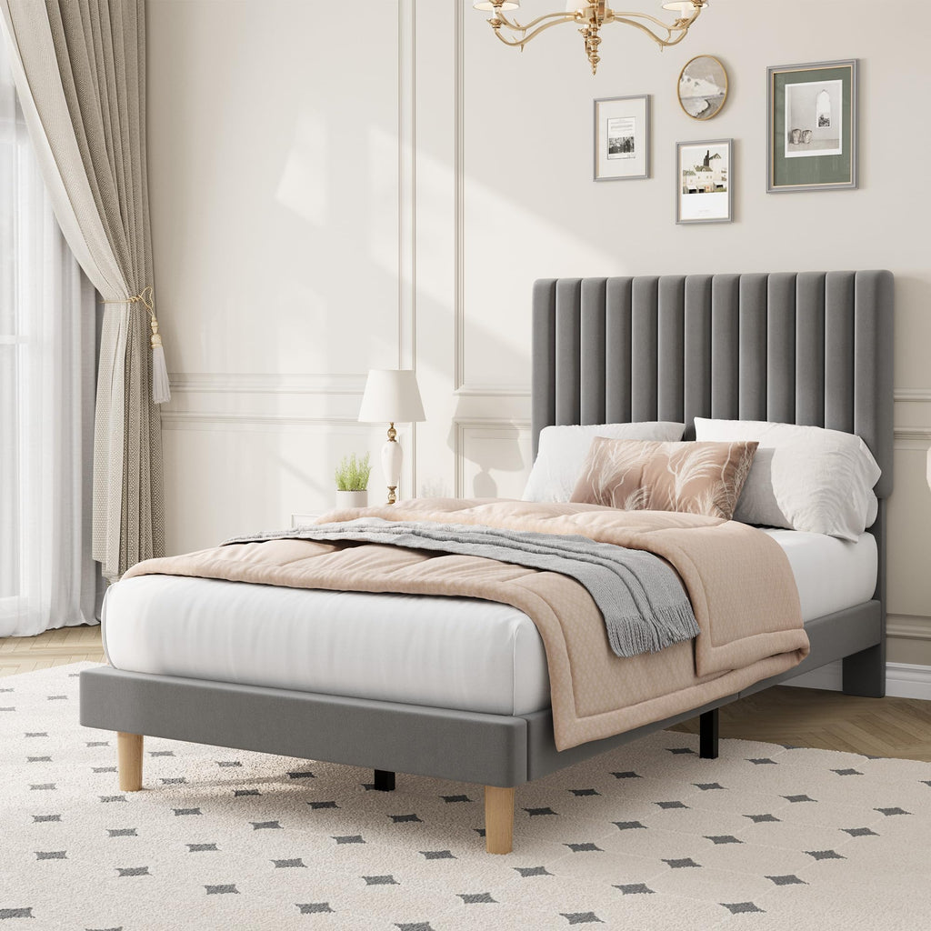 Velvet Upholstered Platform Bed with Adjustable Headboard O826606