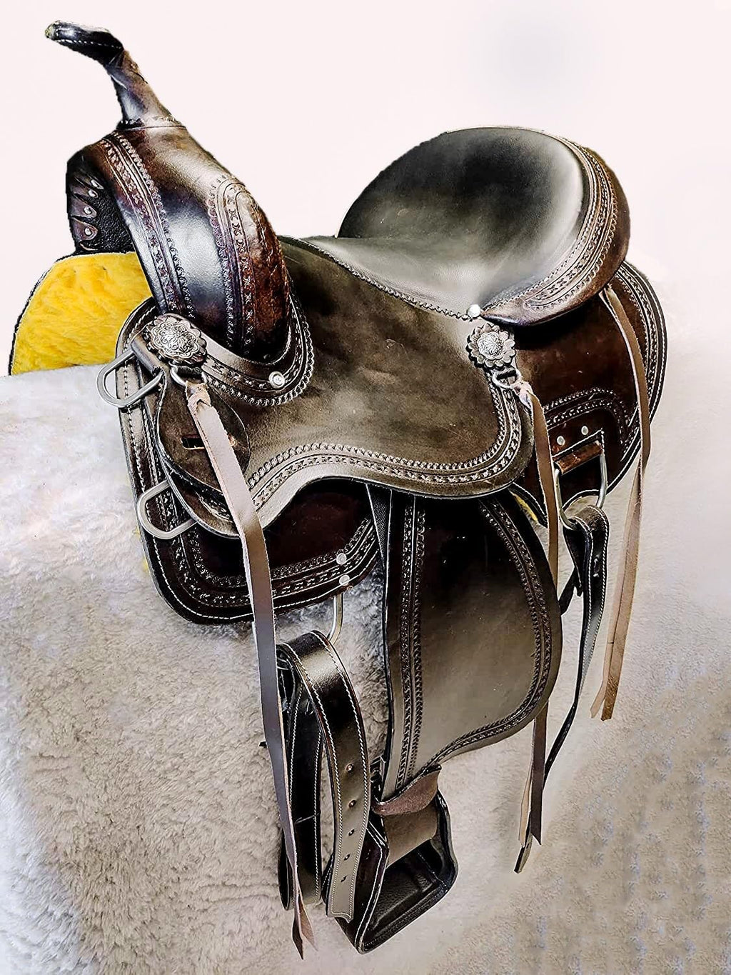Brown Leather Western Horse Saddle Set with Headstall Breast Collar Reins H19756