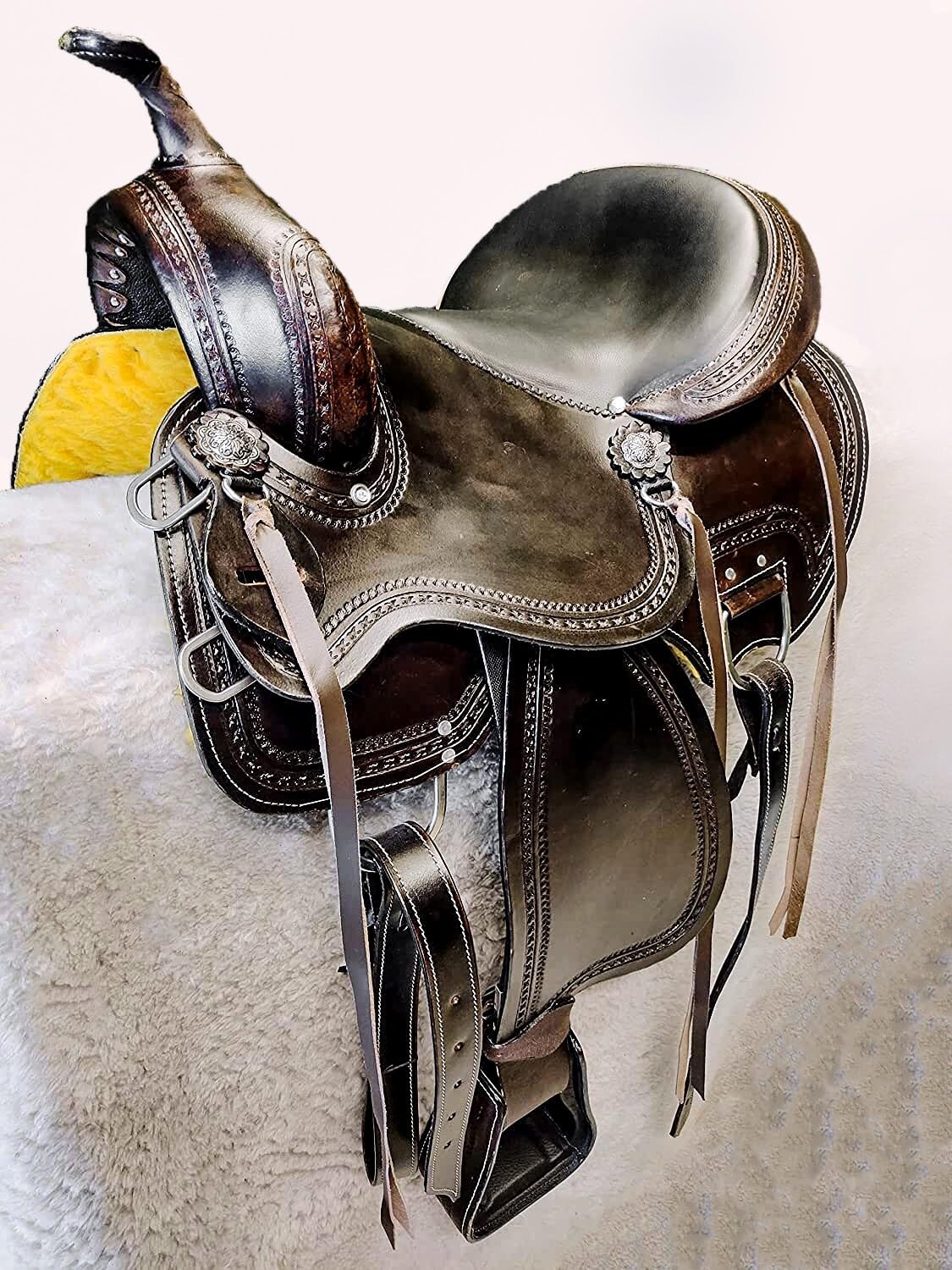 Brown Leather Western Horse Saddle Set with Headstall Breast Collar Reins H19756