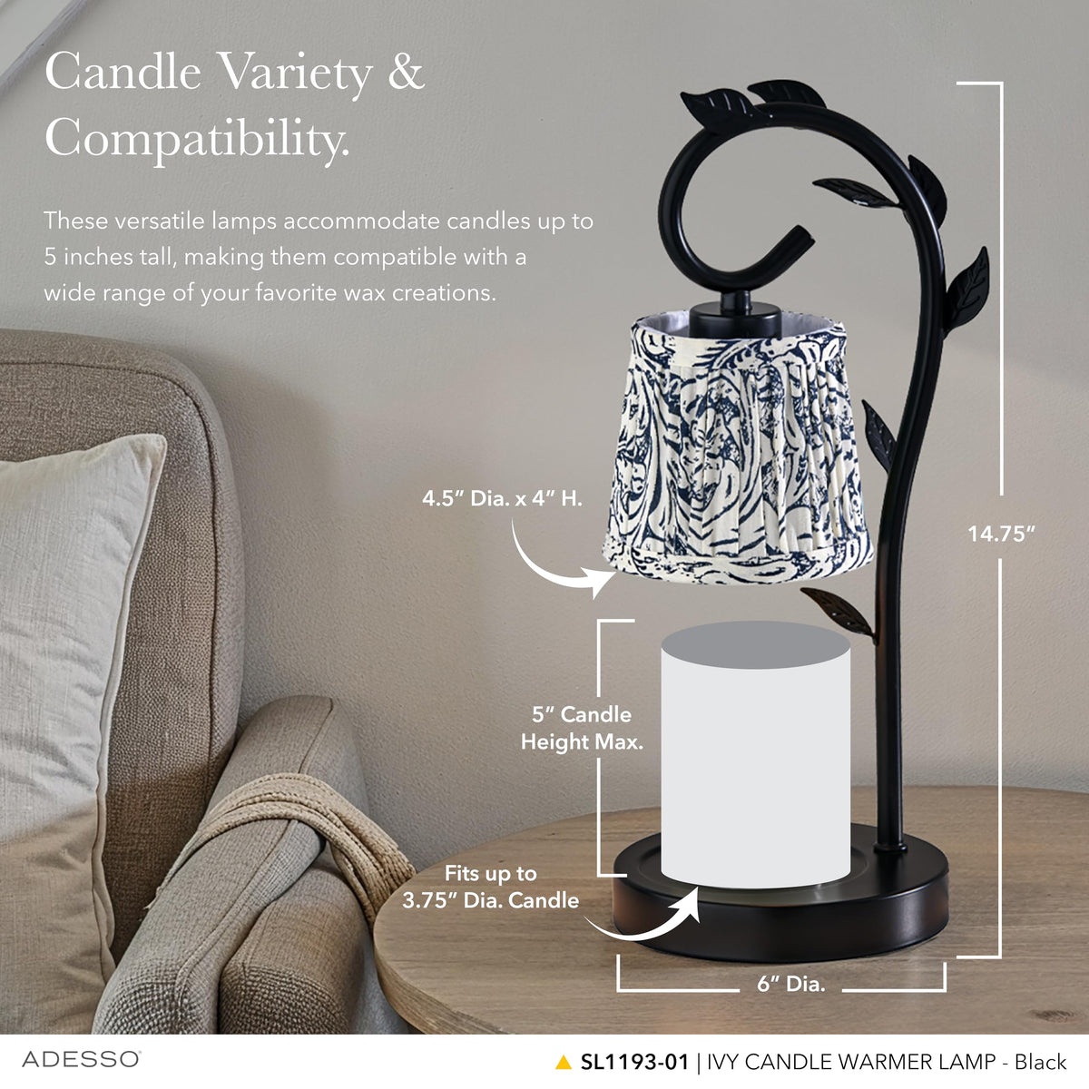 Black & White Printed Shade Dimmable Candle Warmer Lamp S586485