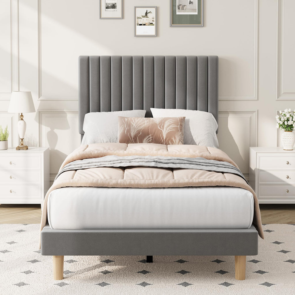 Velvet Upholstered Platform Bed with Adjustable Headboard O826606