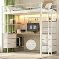 White Twin Size Metal Loft Bed with L-Shaped Desk and 8 Storage Drawers M16574