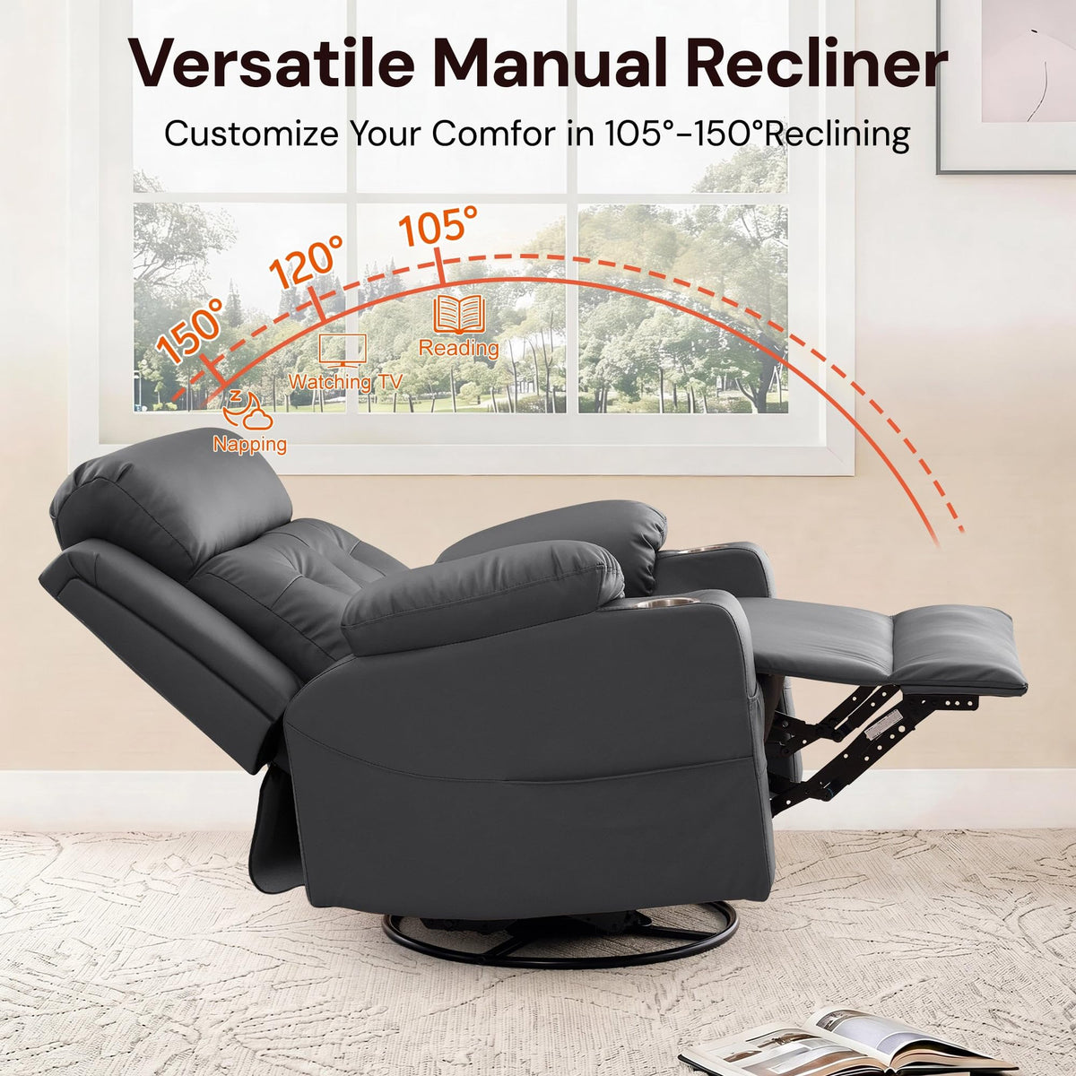 Oversized Swivel Rocker Recliner with Heat and Massage, Faux Leather, Grey W86566