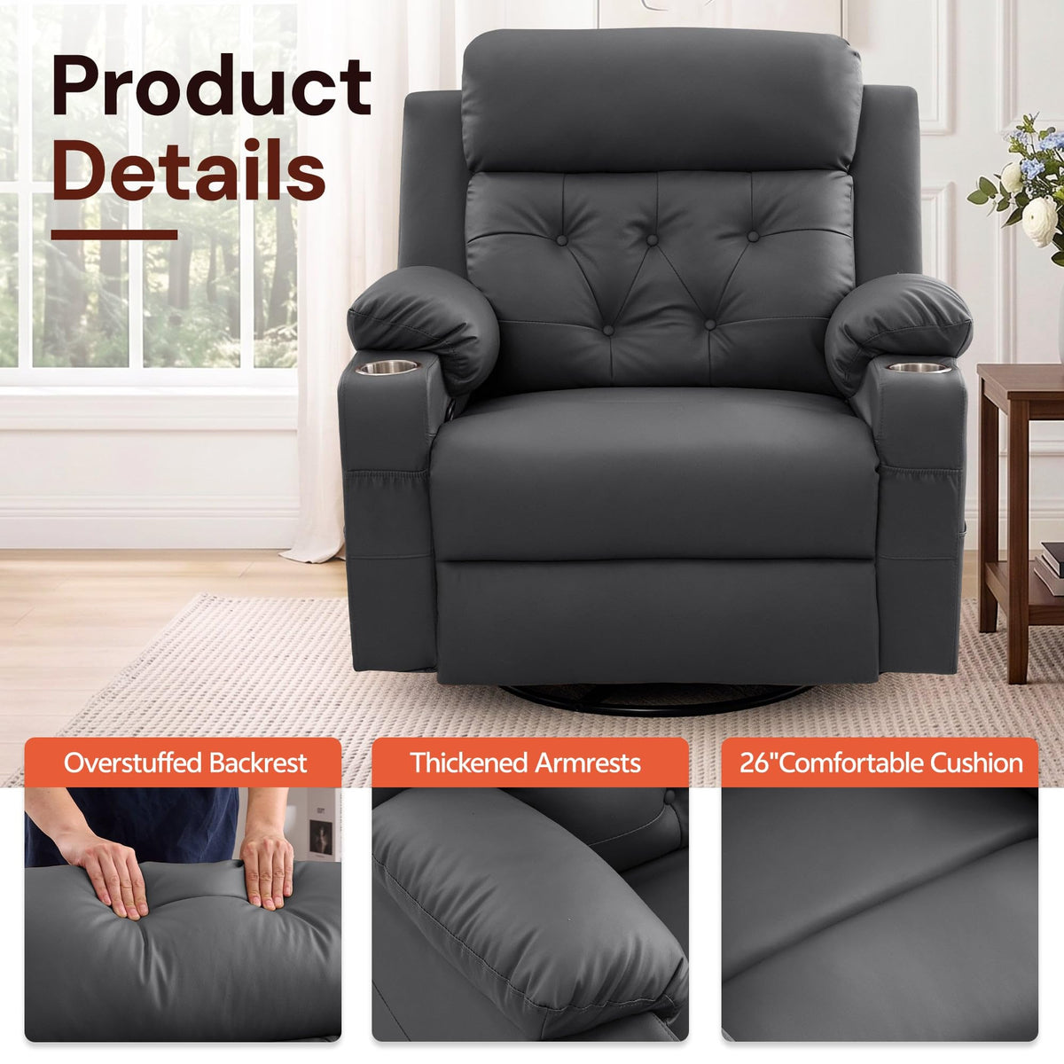 Oversized Swivel Rocker Recliner with Heat and Massage, Faux Leather, Grey W86566