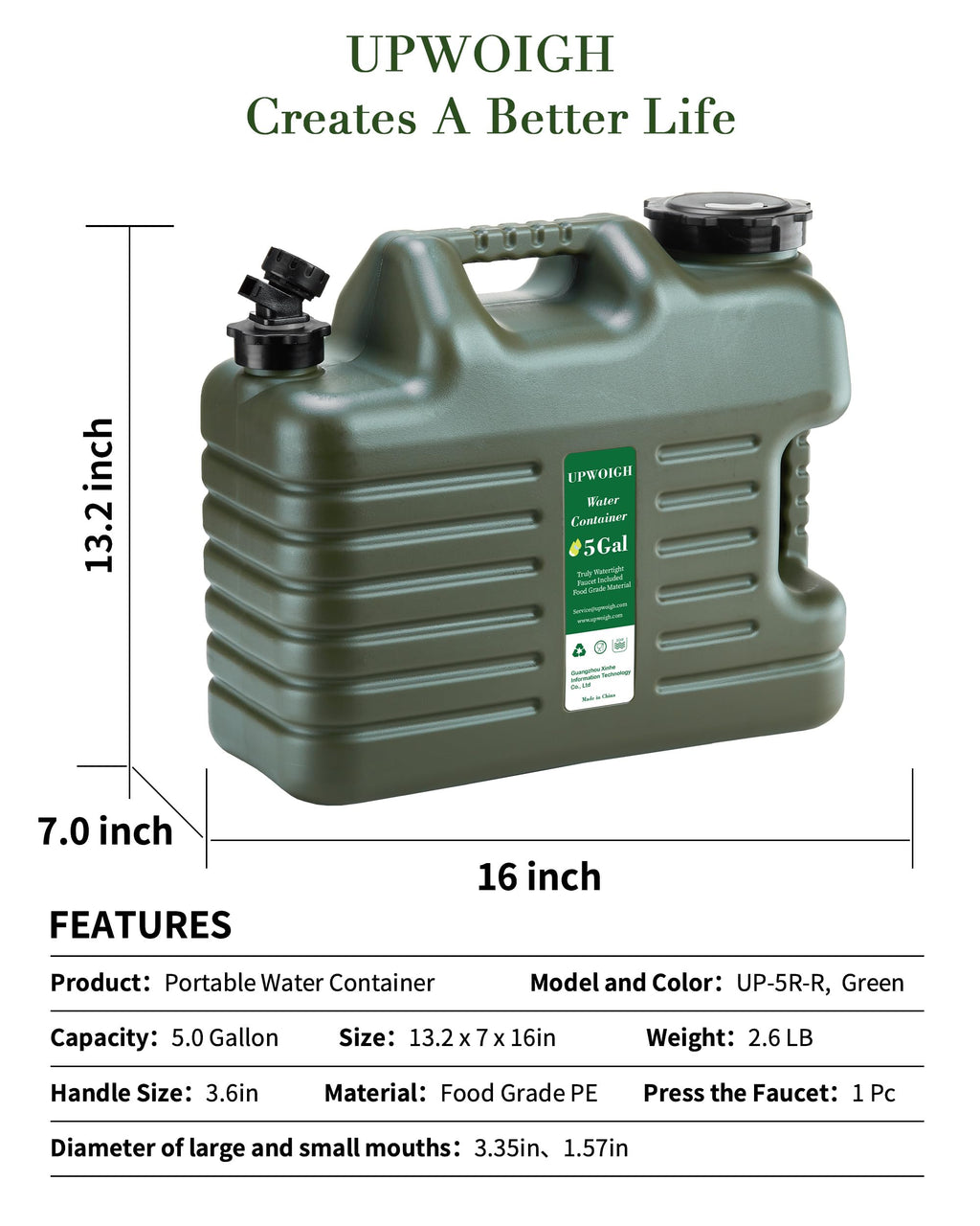 5 Gallon Camping Water Jug with Spigot, Military Green, 2 Pack V71652