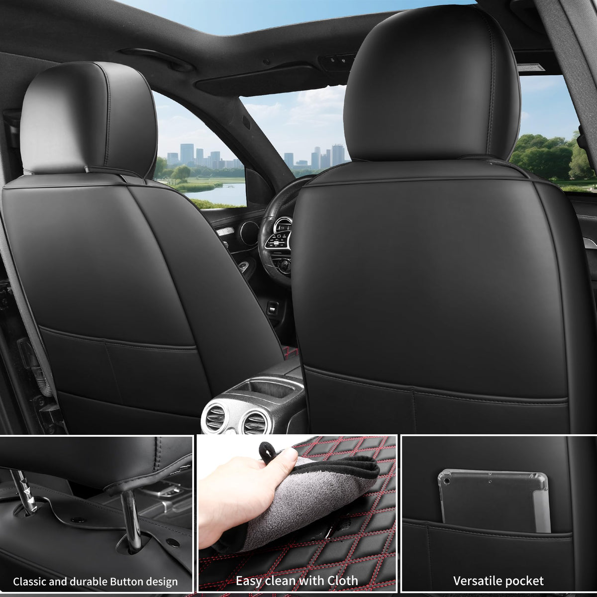 Black and Red Thick Nappa Leather Car Seat Covers Set of 2 P4506