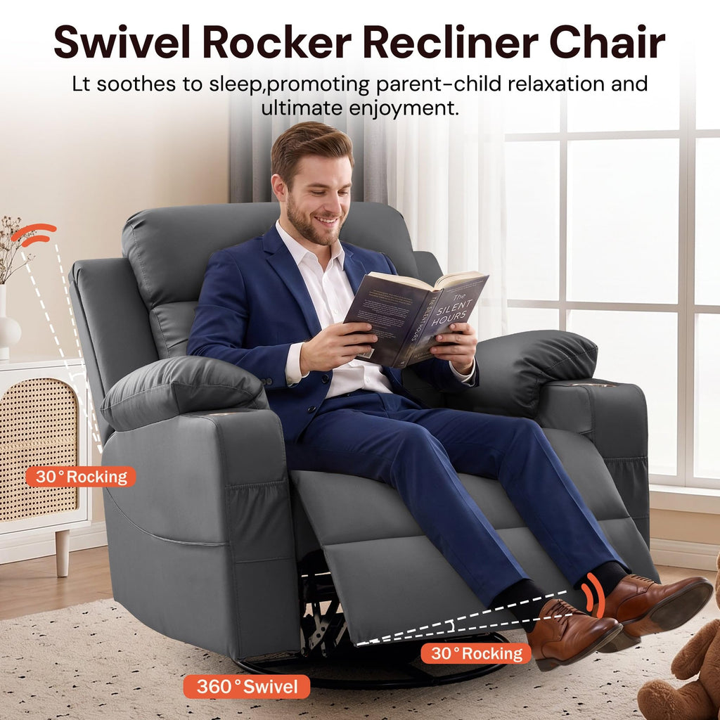 Oversized Swivel Rocker Recliner with Heat and Massage, Faux Leather, Grey W86566