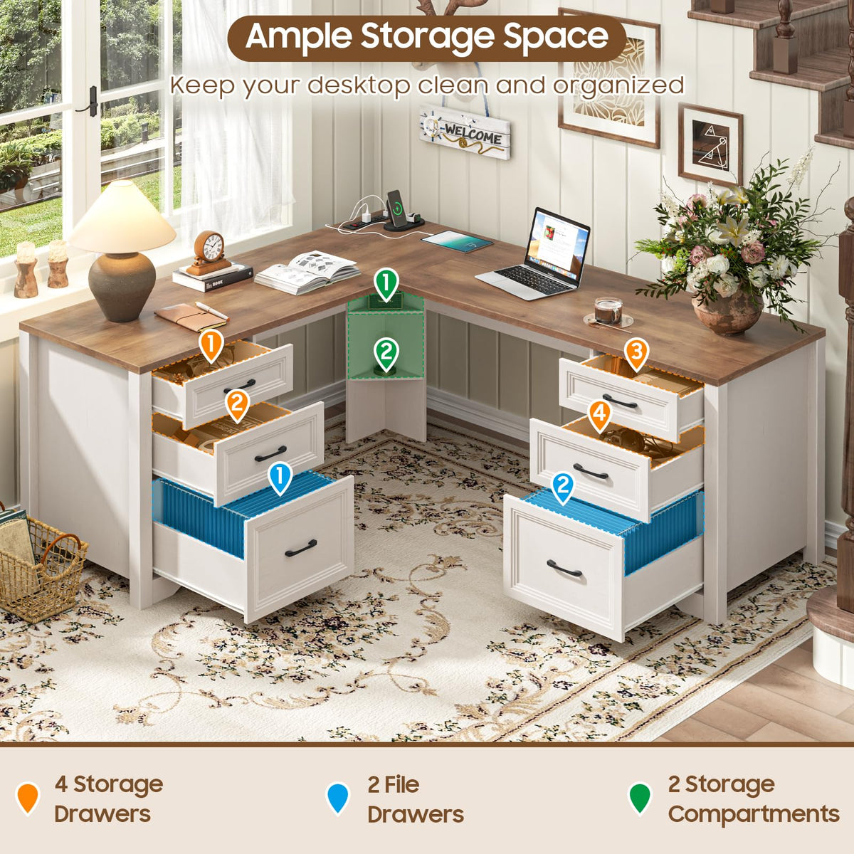 Brown L Shaped Executive Desk with 6 Drawers K37955