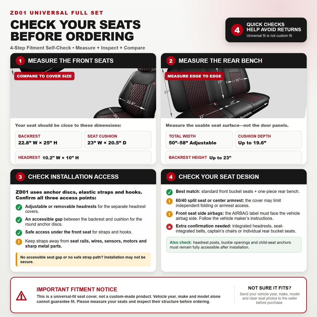 Black and Red Thick Nappa Leather Car Seat Covers Set of 2 P4506