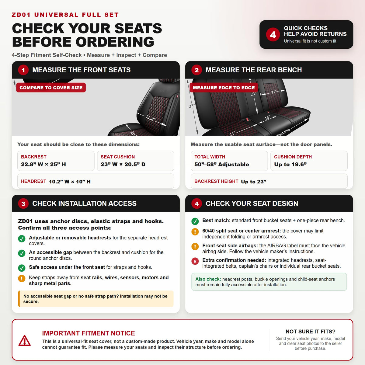 Black and Red Thick Nappa Leather Car Seat Covers Set of 2 P4506