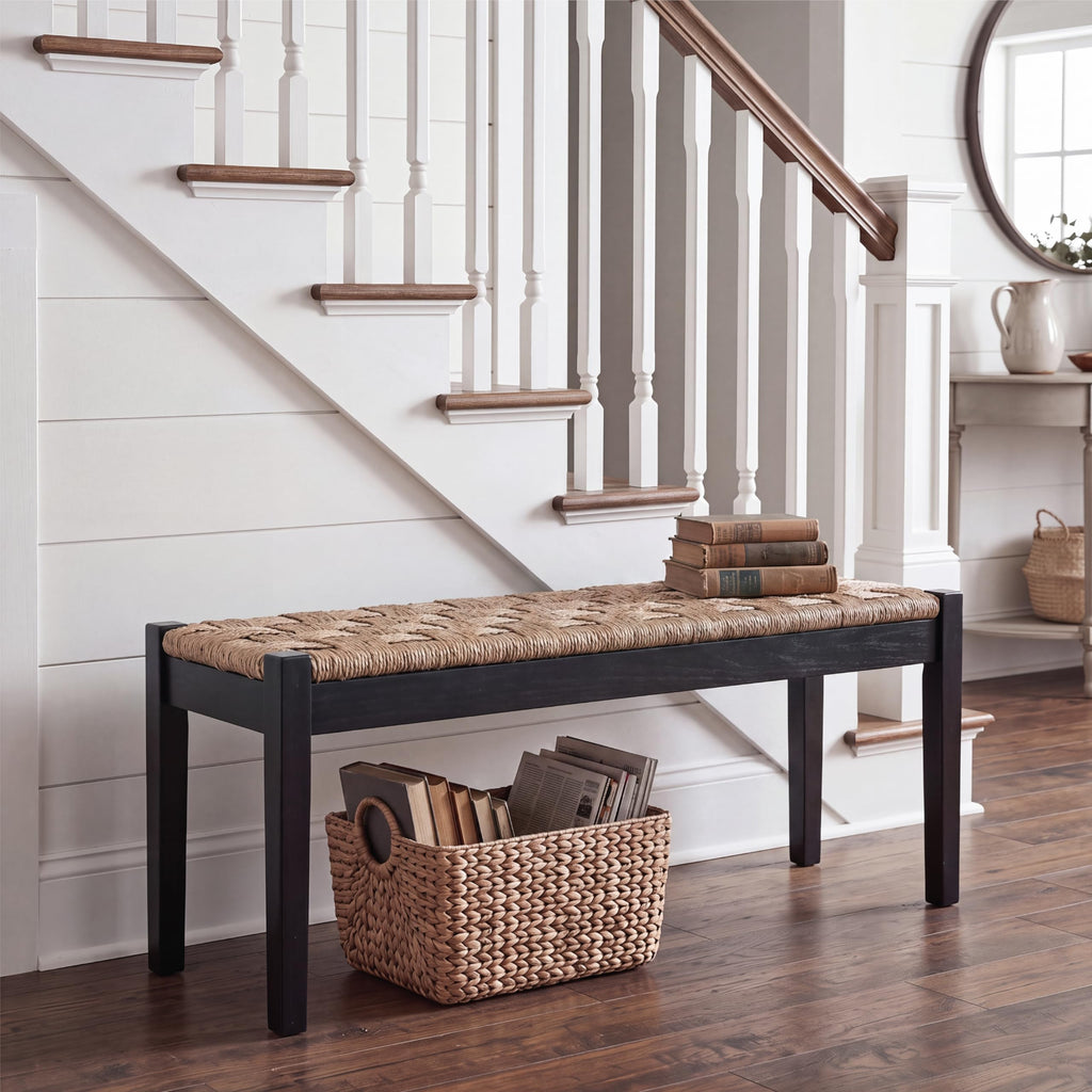 46-Inch Acacia Wood Entryway Bench with Woven Seagrass Seat H15323