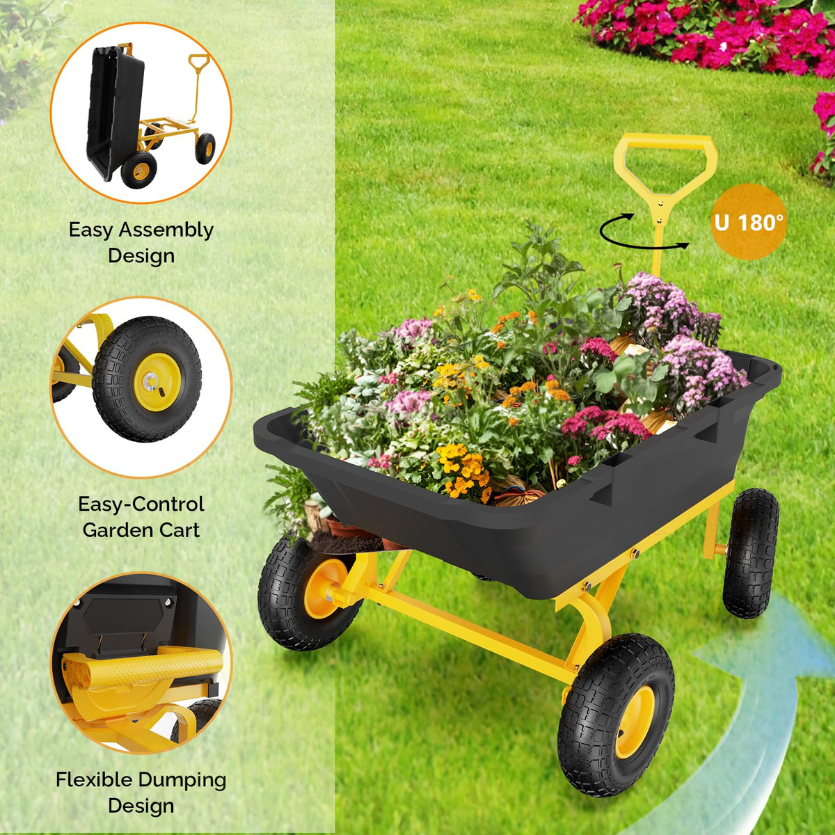 Heavy Duty Dump Cart Wagon, 770LBS Poly Wheelbarrow, 10in All-Terrain Pneumatic Tires H4604