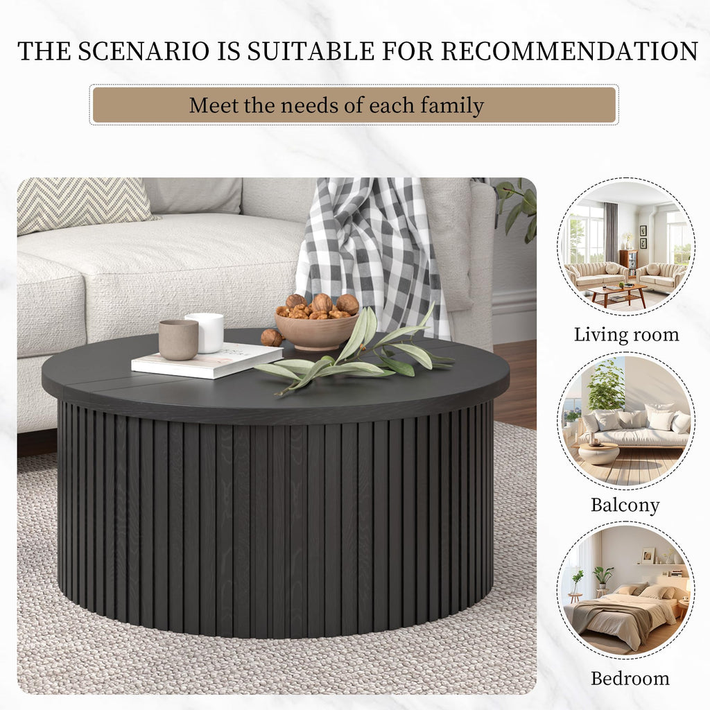34.6" Fluted Round Lift Top Coffee Table with Hidden Storage, Black O226018