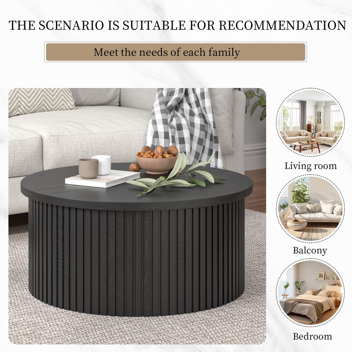 34.6" Fluted Round Lift Top Coffee Table with Hidden Storage, Black O226018