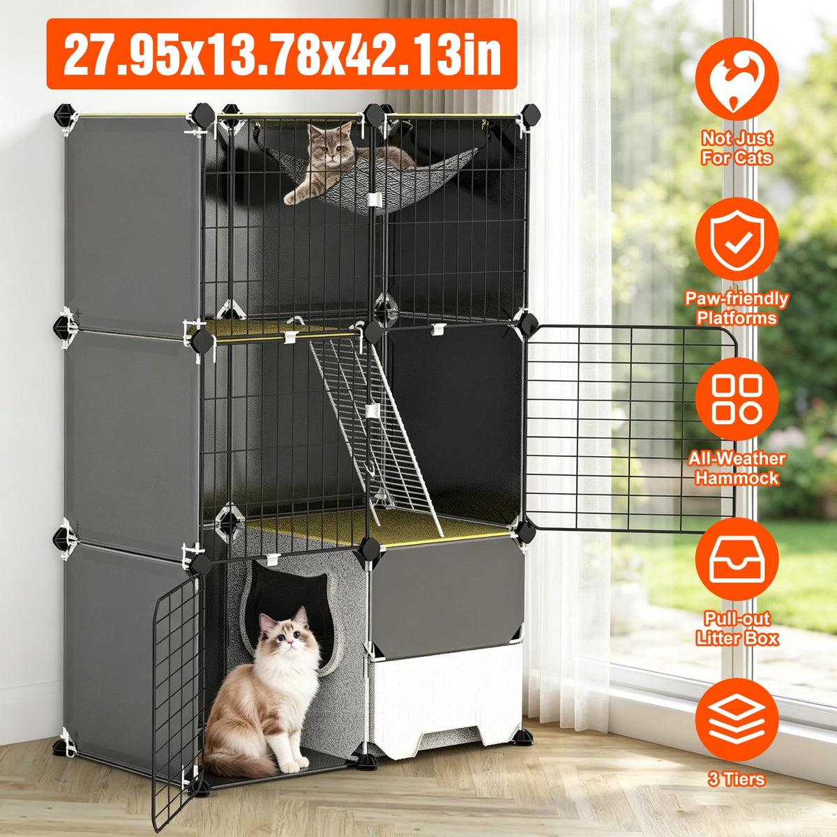 3-Tier Cat Cage with Litter Box, Hammock & Ladders R691068