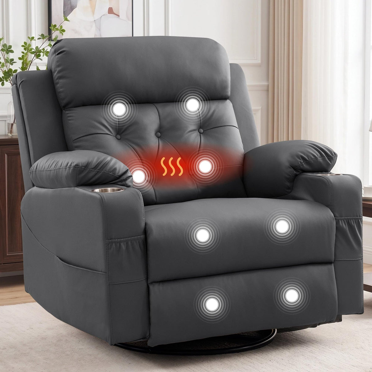 Oversized Swivel Rocker Recliner with Heat and Massage, Faux Leather, Grey W86566