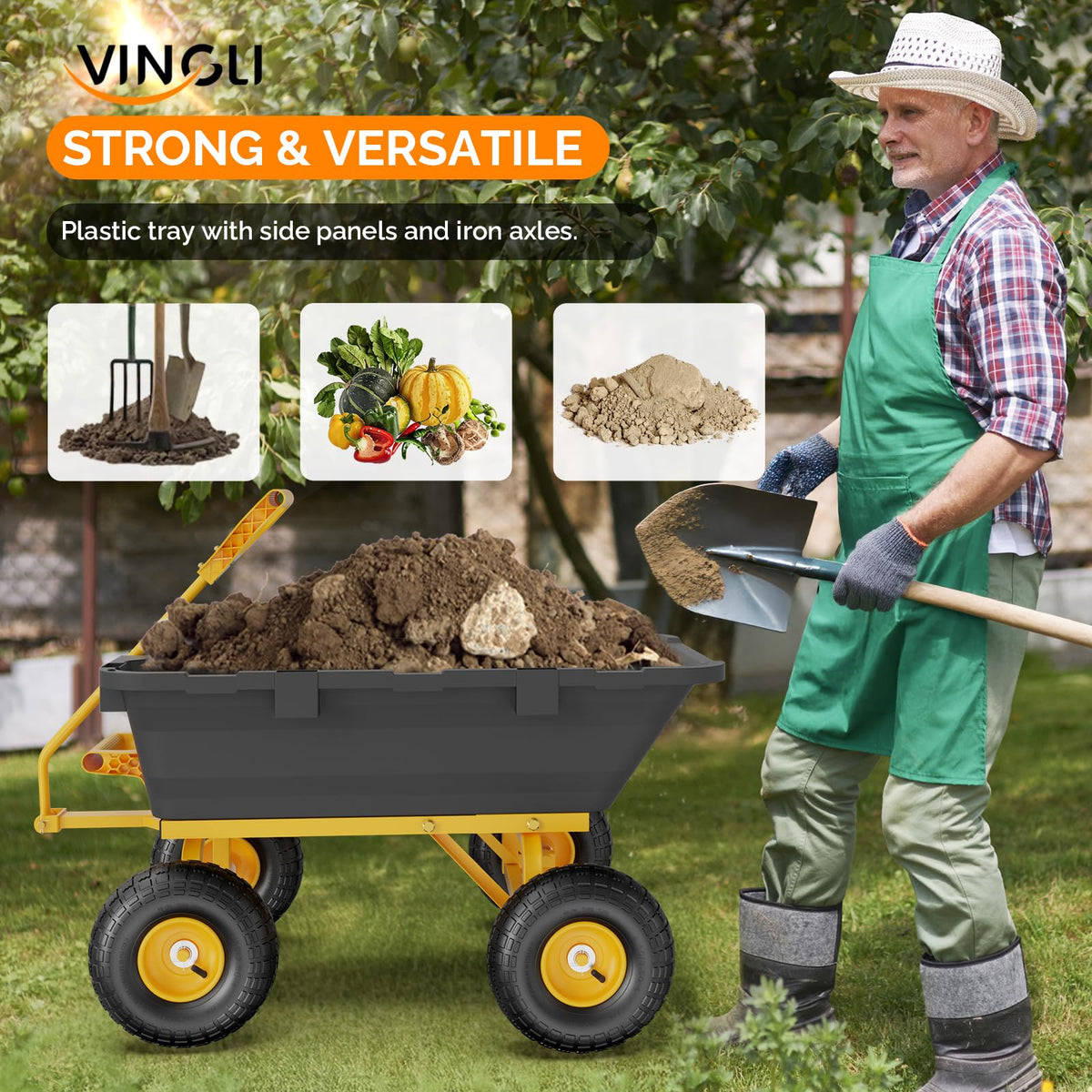 Heavy Duty Dump Cart Wagon, 770LBS Poly Wheelbarrow, 10in All-Terrain Pneumatic Tires H4604