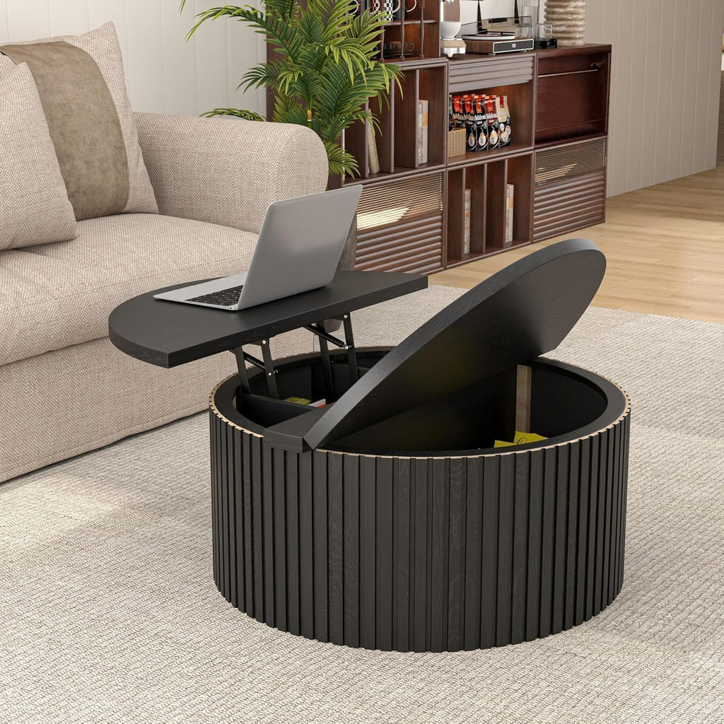 34.6" Fluted Round Lift Top Coffee Table with Hidden Storage, Black O226018