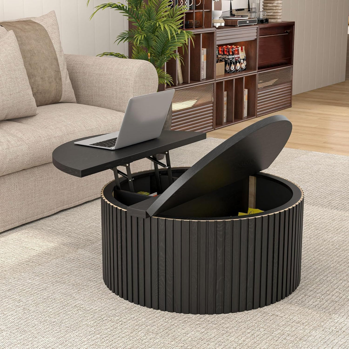 34.6" Fluted Round Lift Top Coffee Table with Hidden Storage, Black O226018