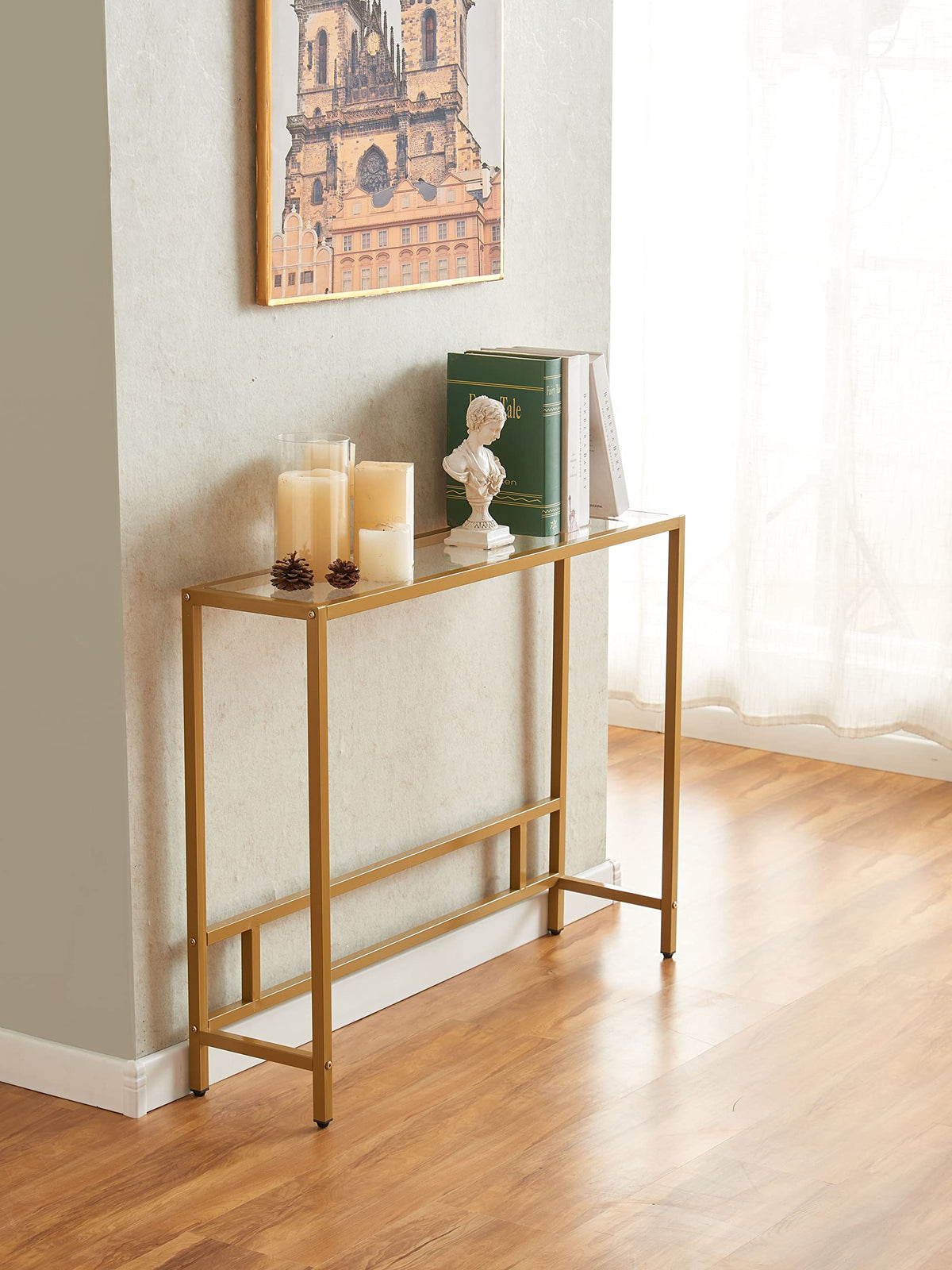 Small Modern Console Table Tempered Glass Metal Frame R2190