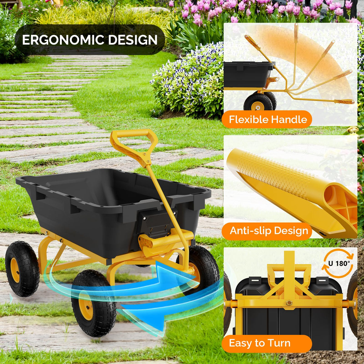 Heavy Duty Dump Cart Wagon, 770LBS Poly Wheelbarrow, 10in All-Terrain Pneumatic Tires H4604