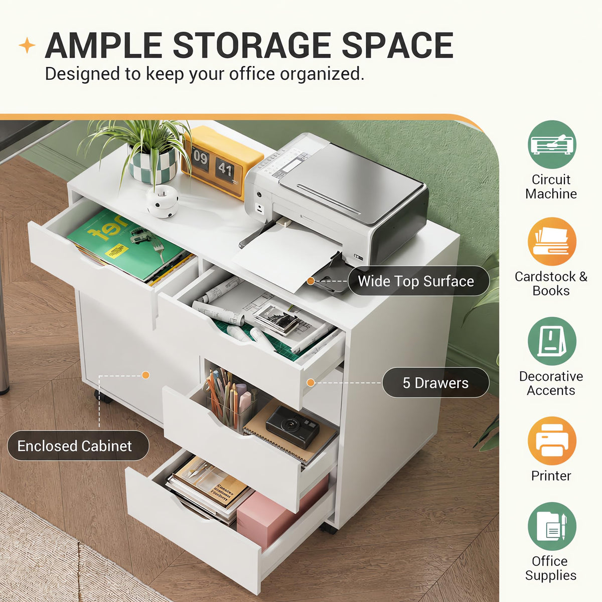 White 5 Drawer Wood Office Cabinet M51886