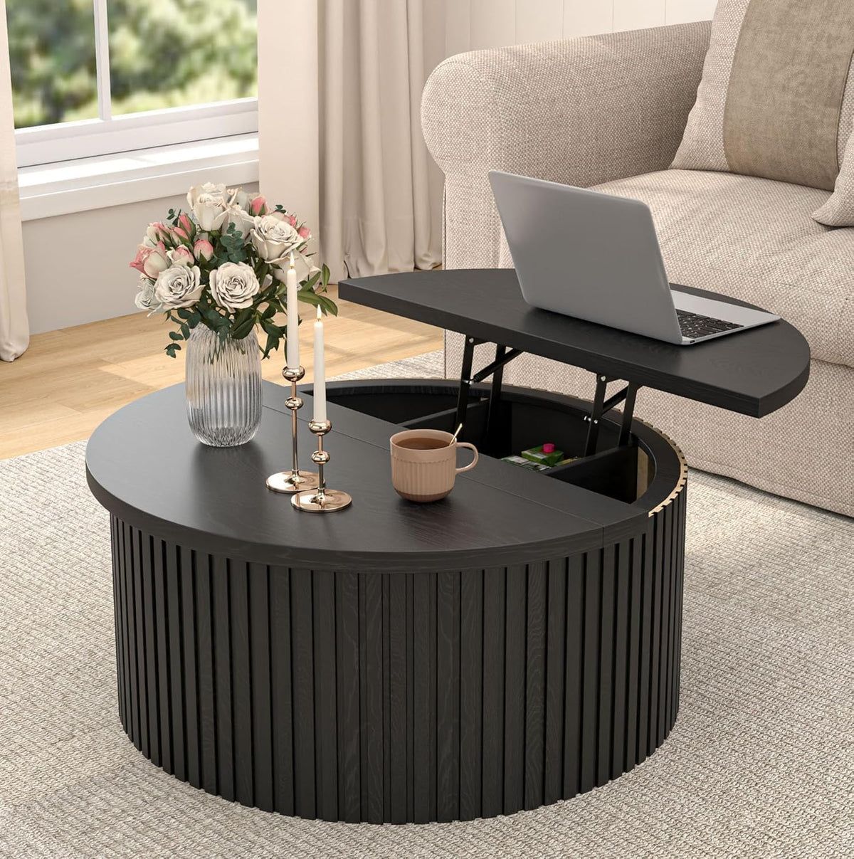 34.6" Fluted Round Lift Top Coffee Table with Hidden Storage, Black O226018