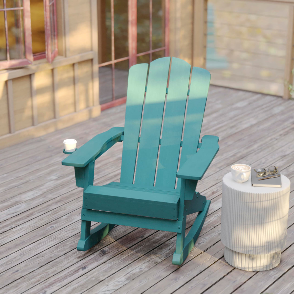 Blue HDPE Adirondack Rocking Chair with Cup Holder Y318654