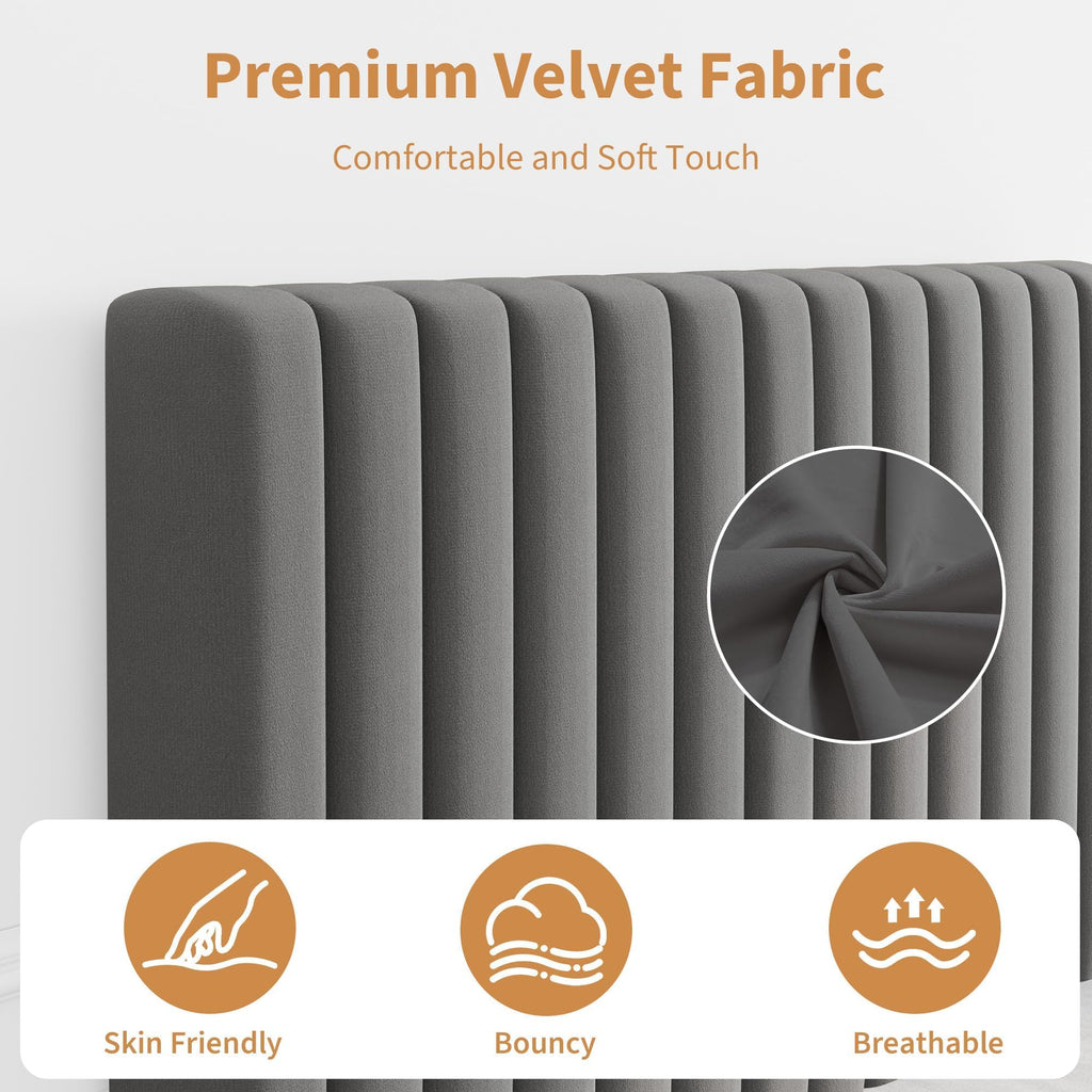 Velvet Upholstered Platform Bed with Adjustable Headboard O826606