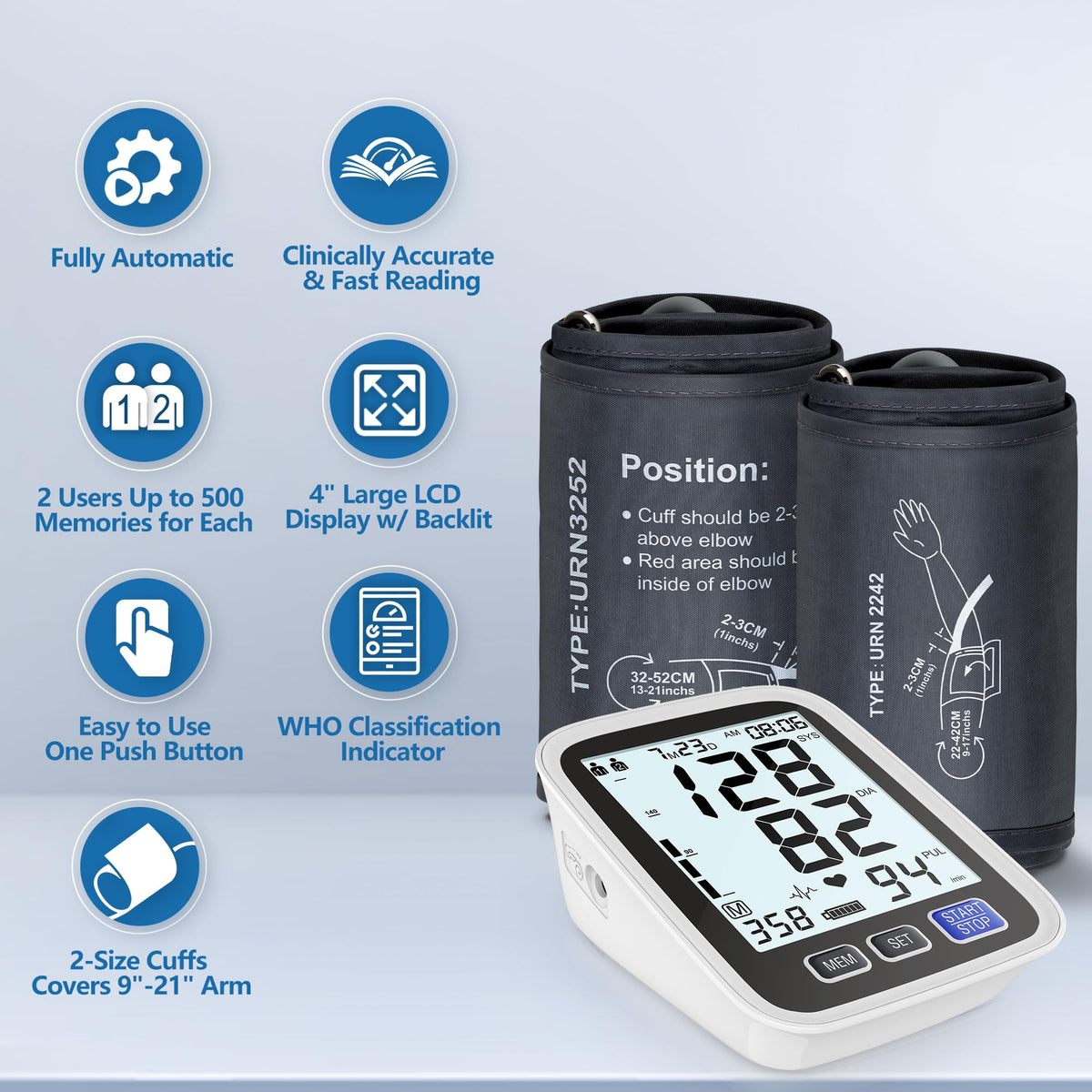 Upper Arm Blood Pressure Machine with 2 Size Cuffs and Backlit LCD K95099