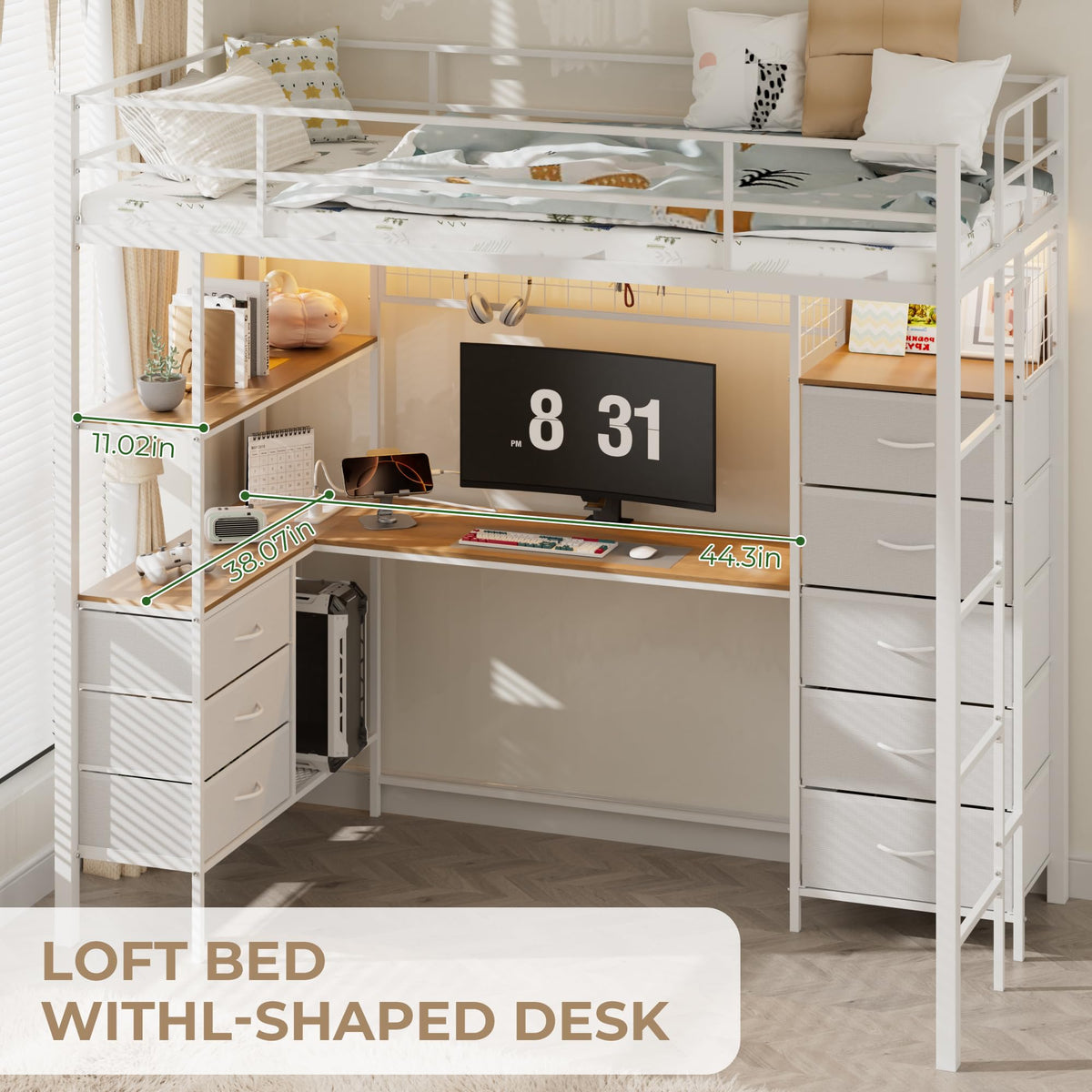 White Twin Size Metal Loft Bed with L-Shaped Desk and 8 Storage Drawers M16574