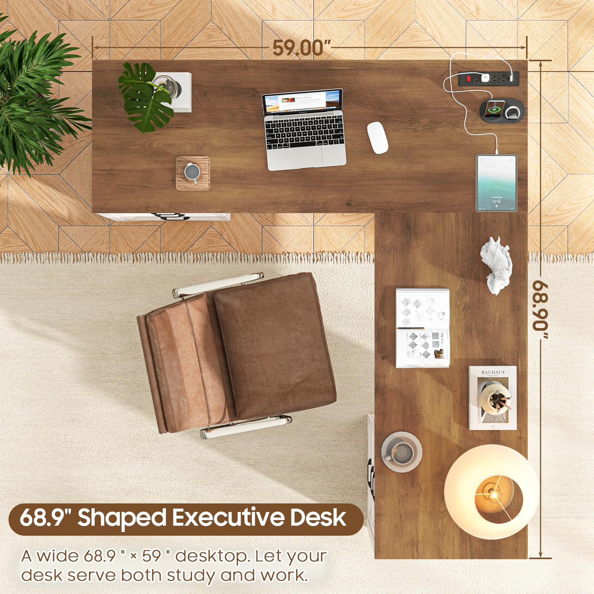 Brown L Shaped Executive Desk with 6 Drawers K37955