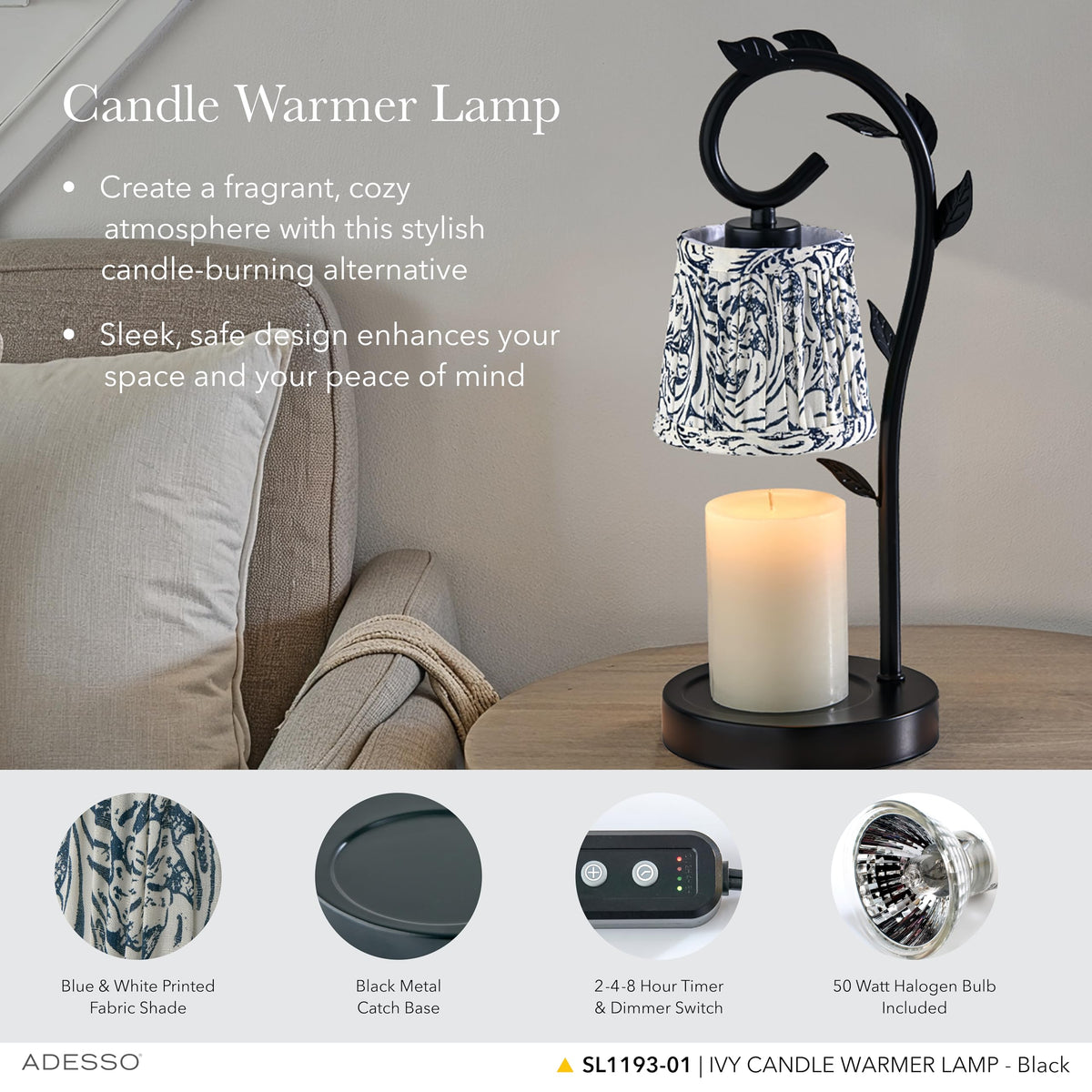 Black & White Printed Shade Dimmable Candle Warmer Lamp S586485