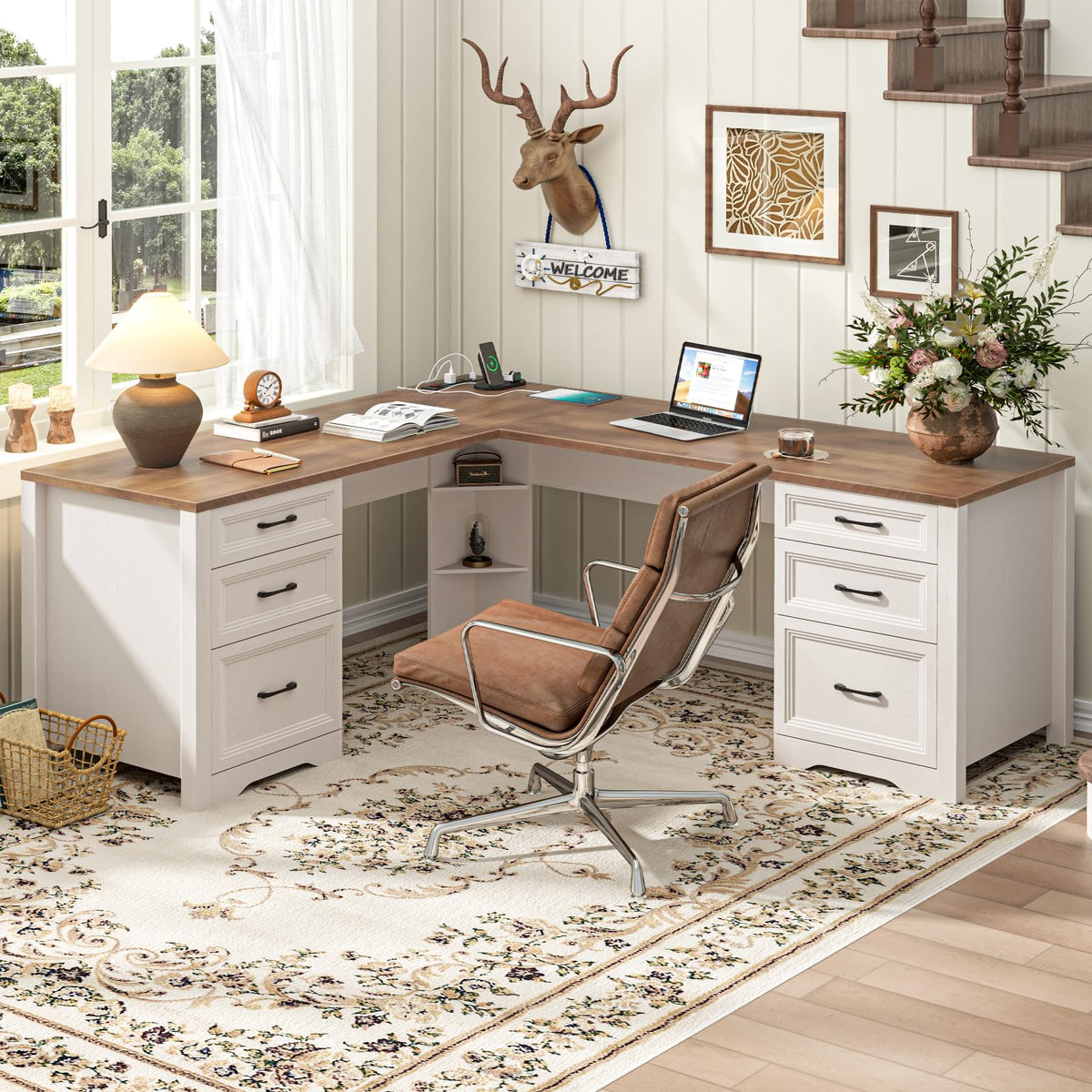 Brown L Shaped Executive Desk with 6 Drawers K37955