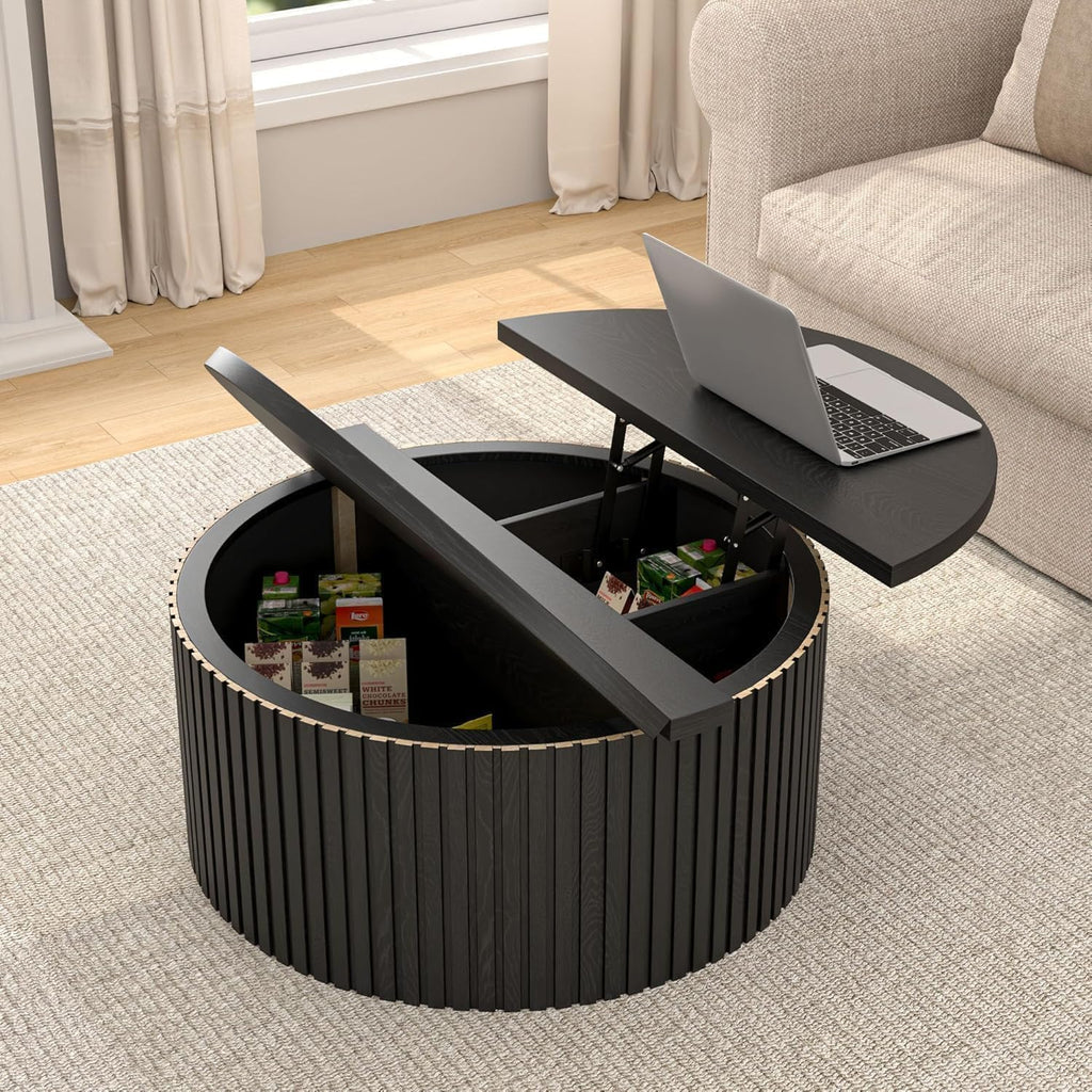34.6" Fluted Round Lift Top Coffee Table with Hidden Storage, Black O226018