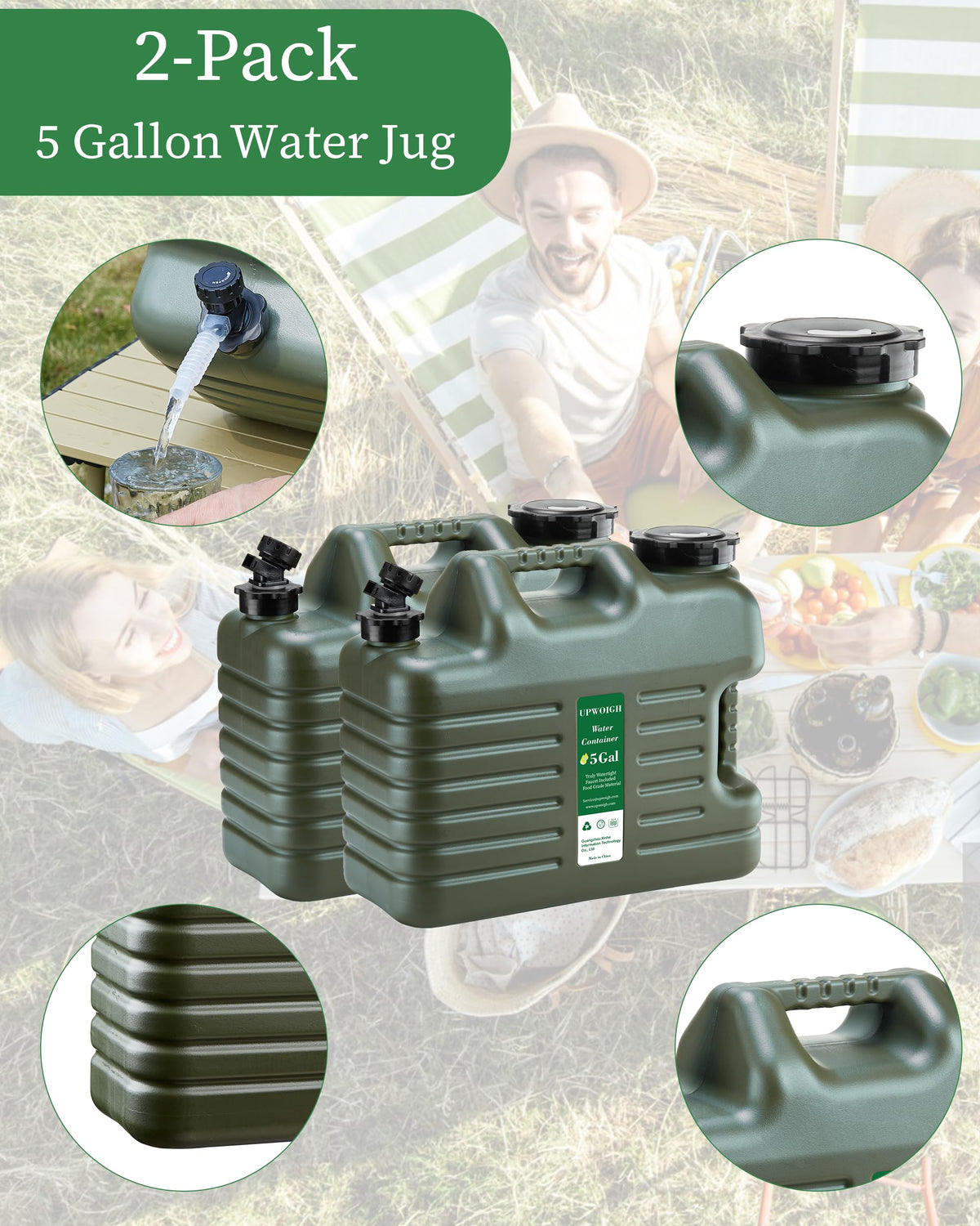 5 Gallon Camping Water Jug with Spigot, Military Green, 2 Pack V71652