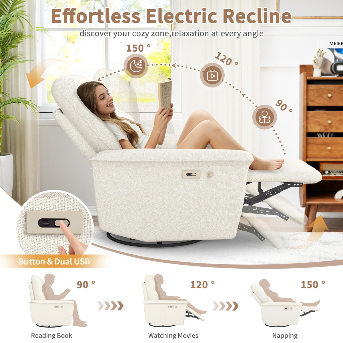 Power Swivel Rocker Recliner Chair with Phone Holder and USB Ports O9427