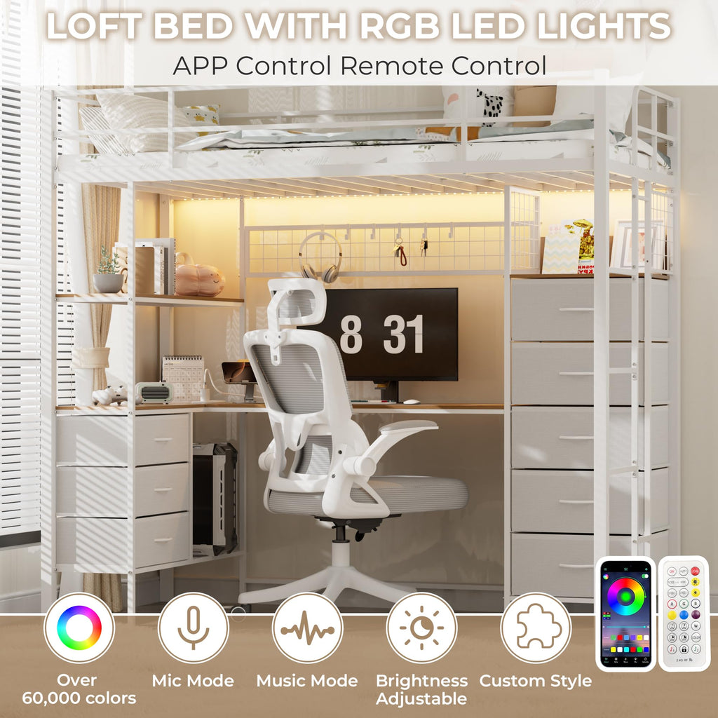 White Twin Size Metal Loft Bed with L-Shaped Desk and 8 Storage Drawers M16574