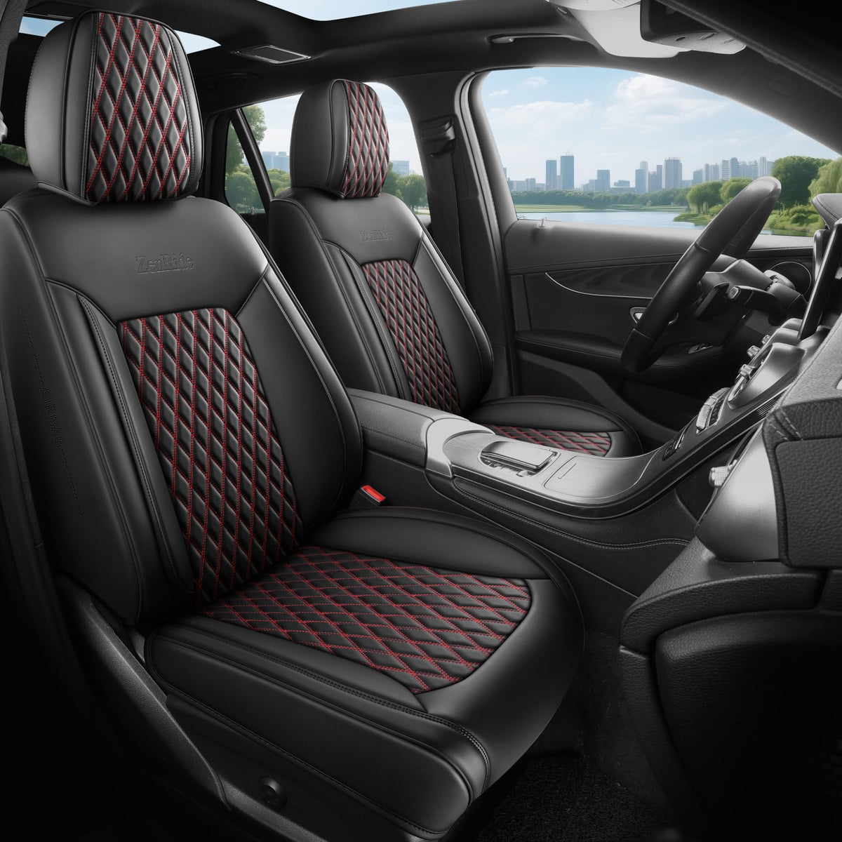 Black and Red Thick Nappa Leather Car Seat Covers Set of 2 P4506