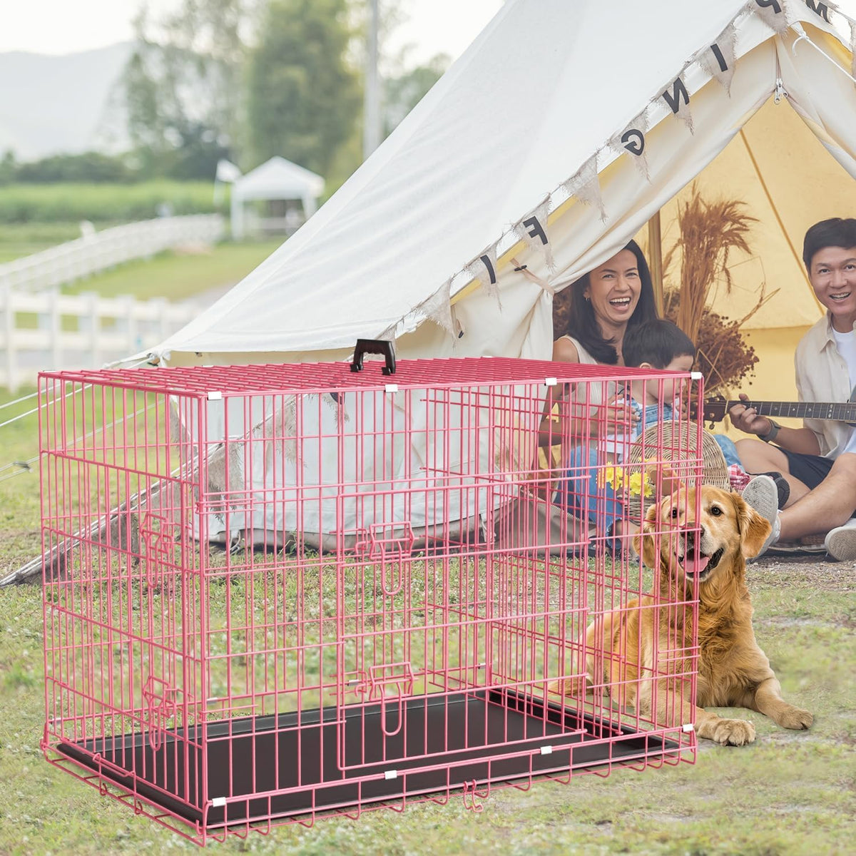 48" Large Double Door Folding Metal Wire Dog Crate with Divider Panel I268881