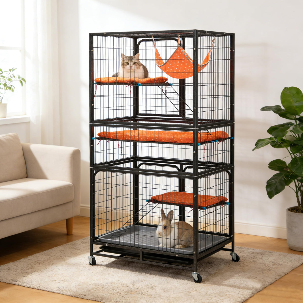 4-Tier Cat Cage with Hammock and Wheels, Black N762