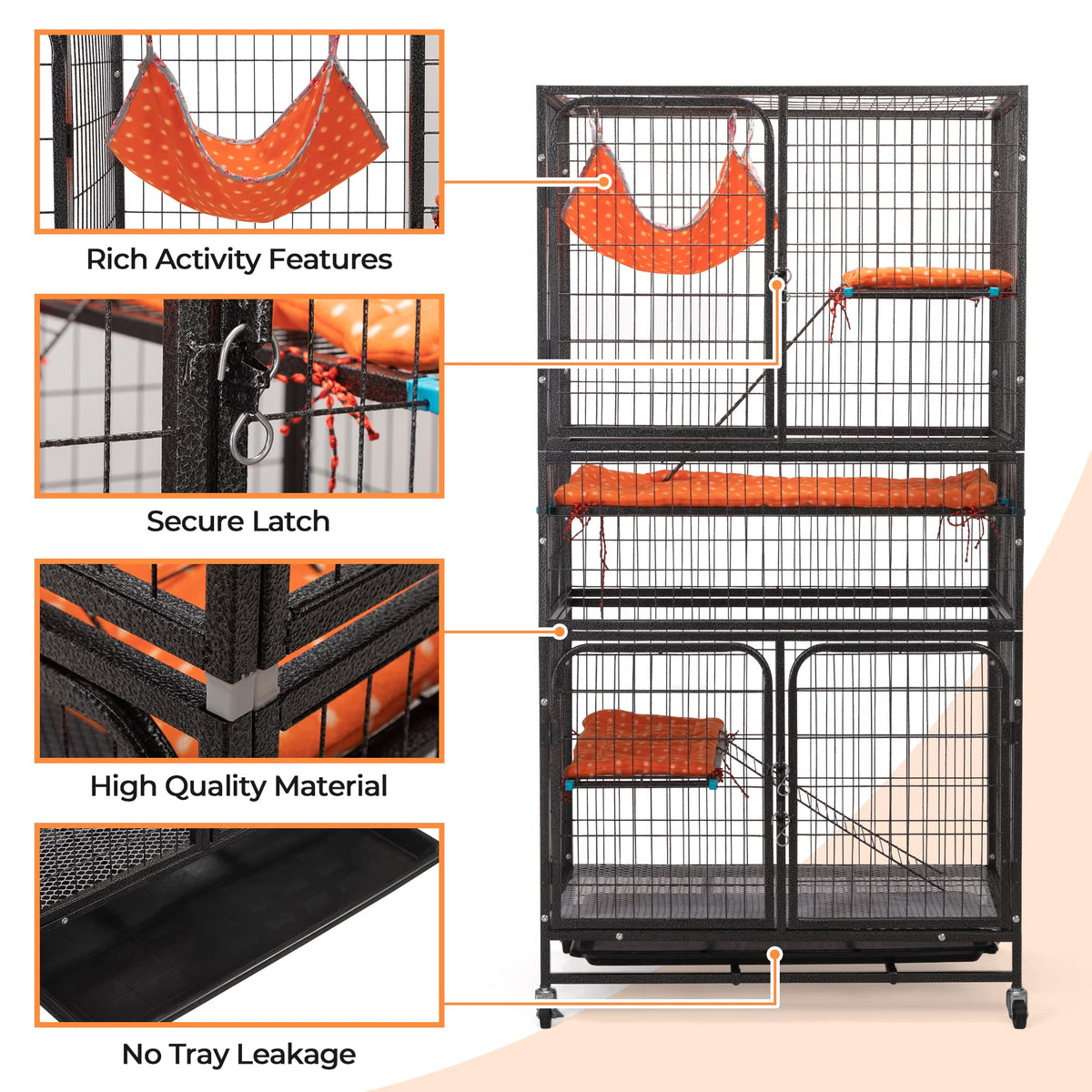 4-Tier Cat Cage with Hammock and Wheels, Black N762
