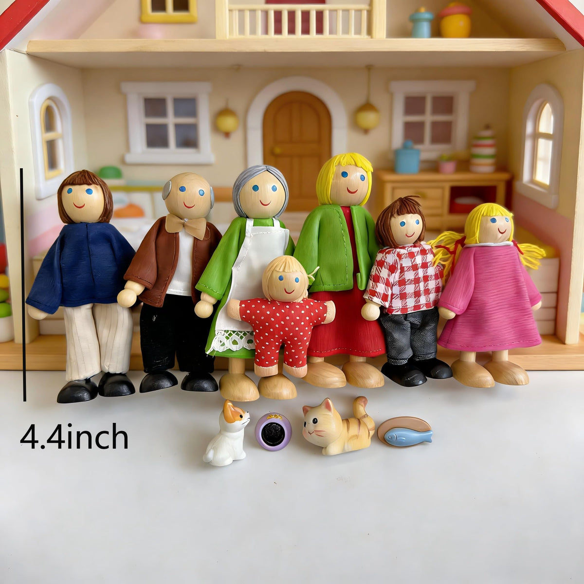 12 Pieces Wooden Dollhouse Family Set with Dog Cat Figures Z5857